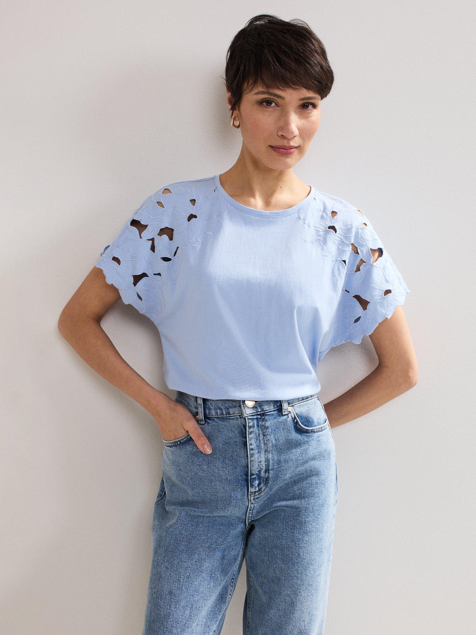 Product image 1 of 6, which shows Phase Eight Safi Cutwork Sleeve T-Shirt, Blue, S