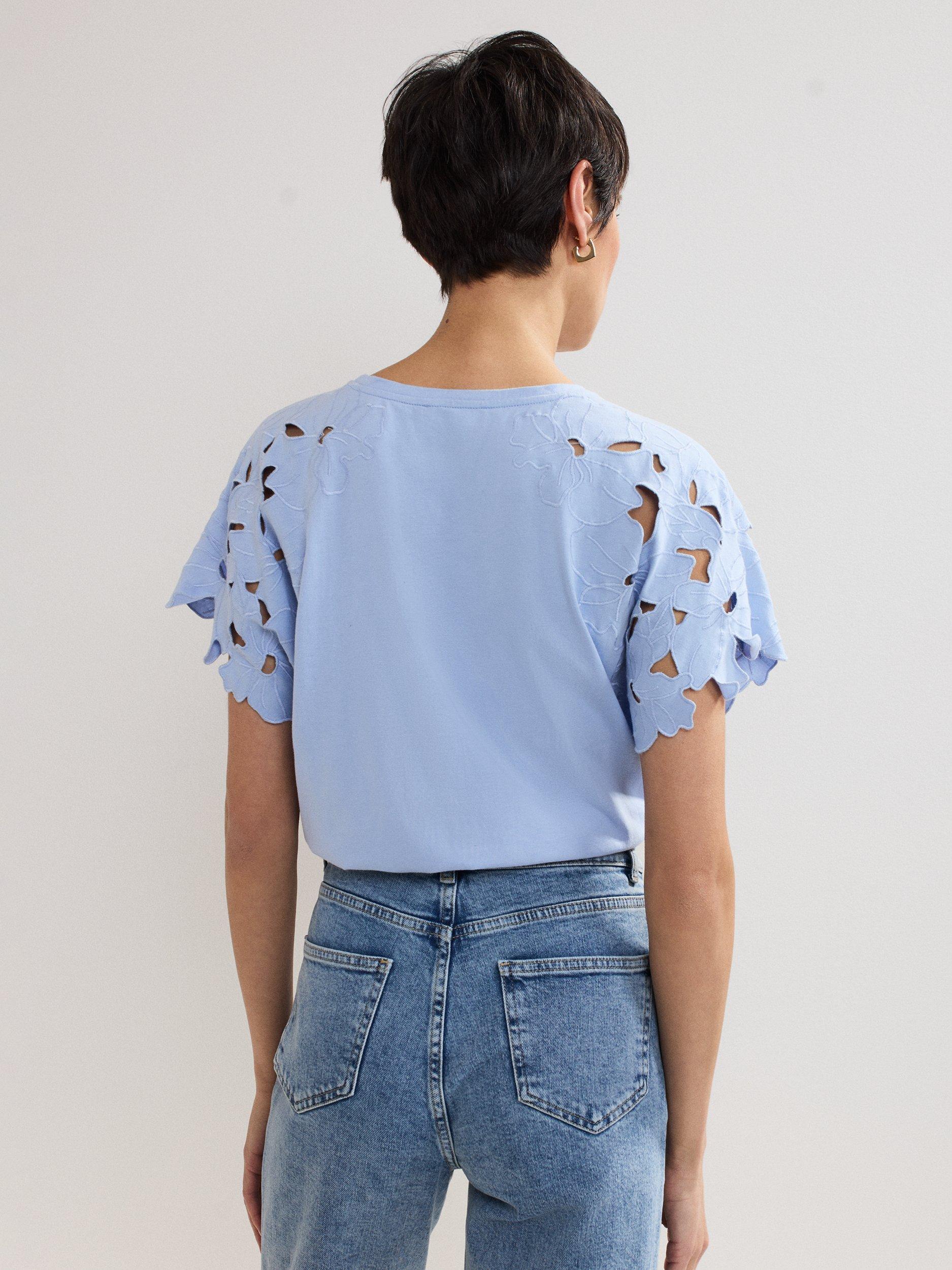 Product image 2 of 6, which shows Phase Eight Safi Cutwork Sleeve T-Shirt, Blue, S