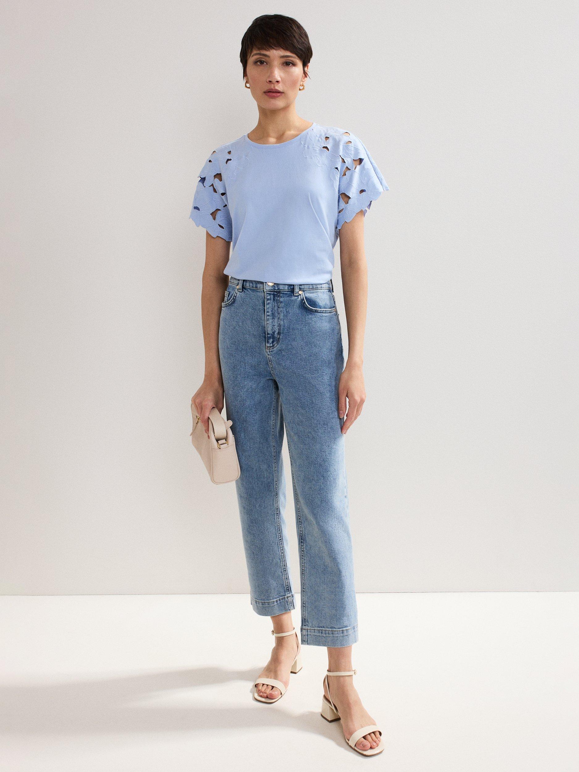 Product image 3 of 6, which shows Phase Eight Safi Cutwork Sleeve T-Shirt, Blue, S