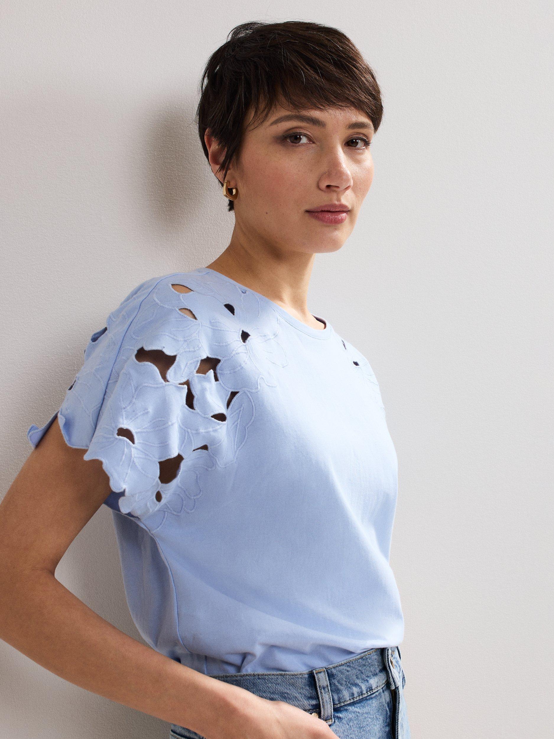 Product image 4 of 6, which shows Phase Eight Safi Cutwork Sleeve T-Shirt, Blue, S
