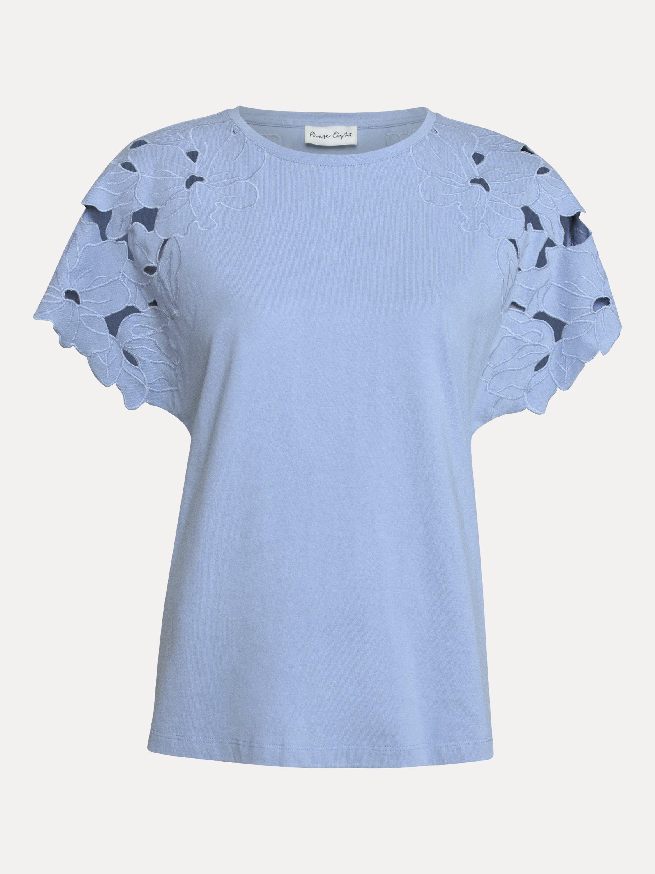 Product image 5 of 6, which shows Phase Eight Safi Cutwork Sleeve T-Shirt, Blue, S