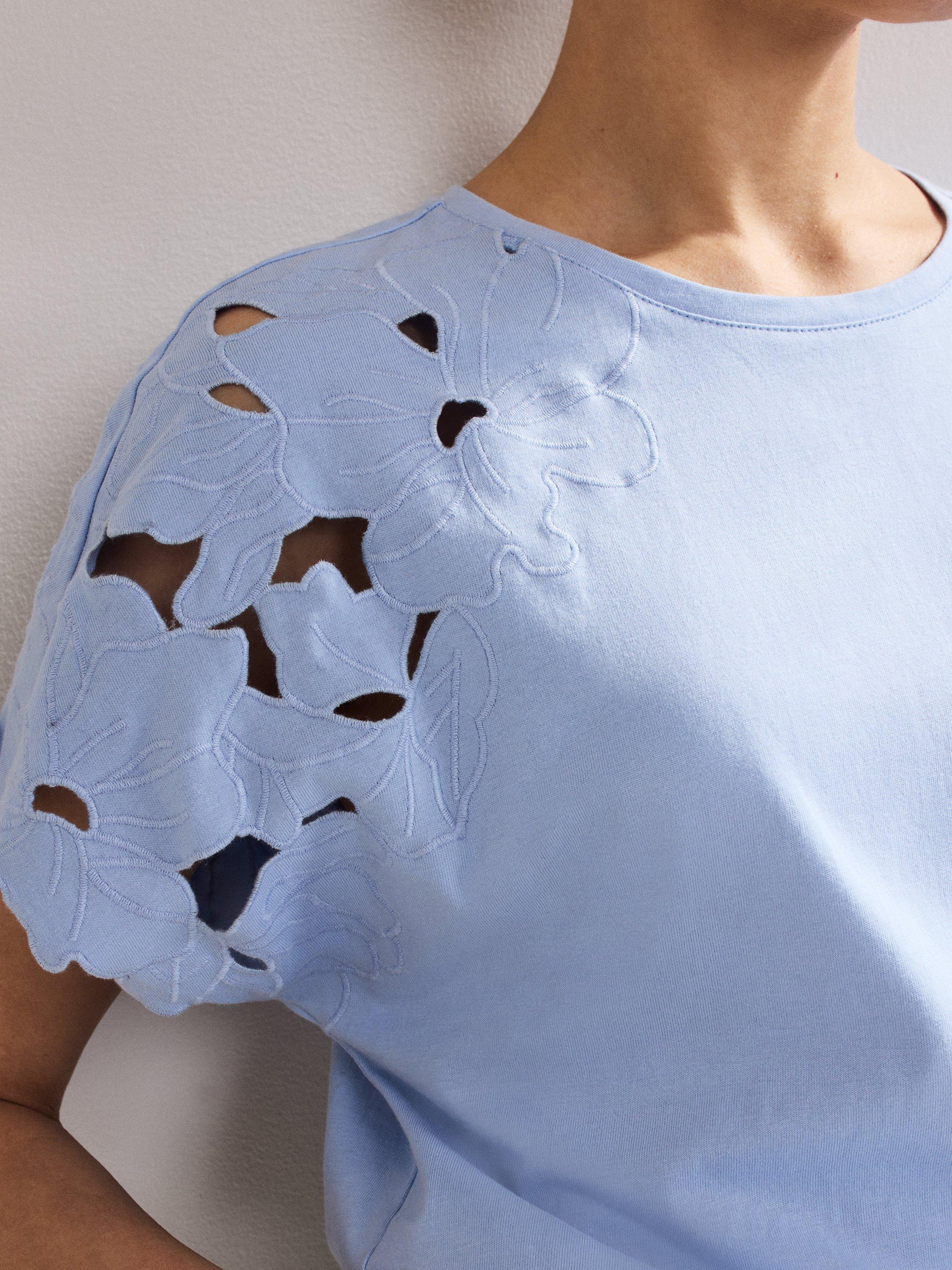 Product image 6 of 6, which shows Phase Eight Safi Cutwork Sleeve T-Shirt, Blue, S