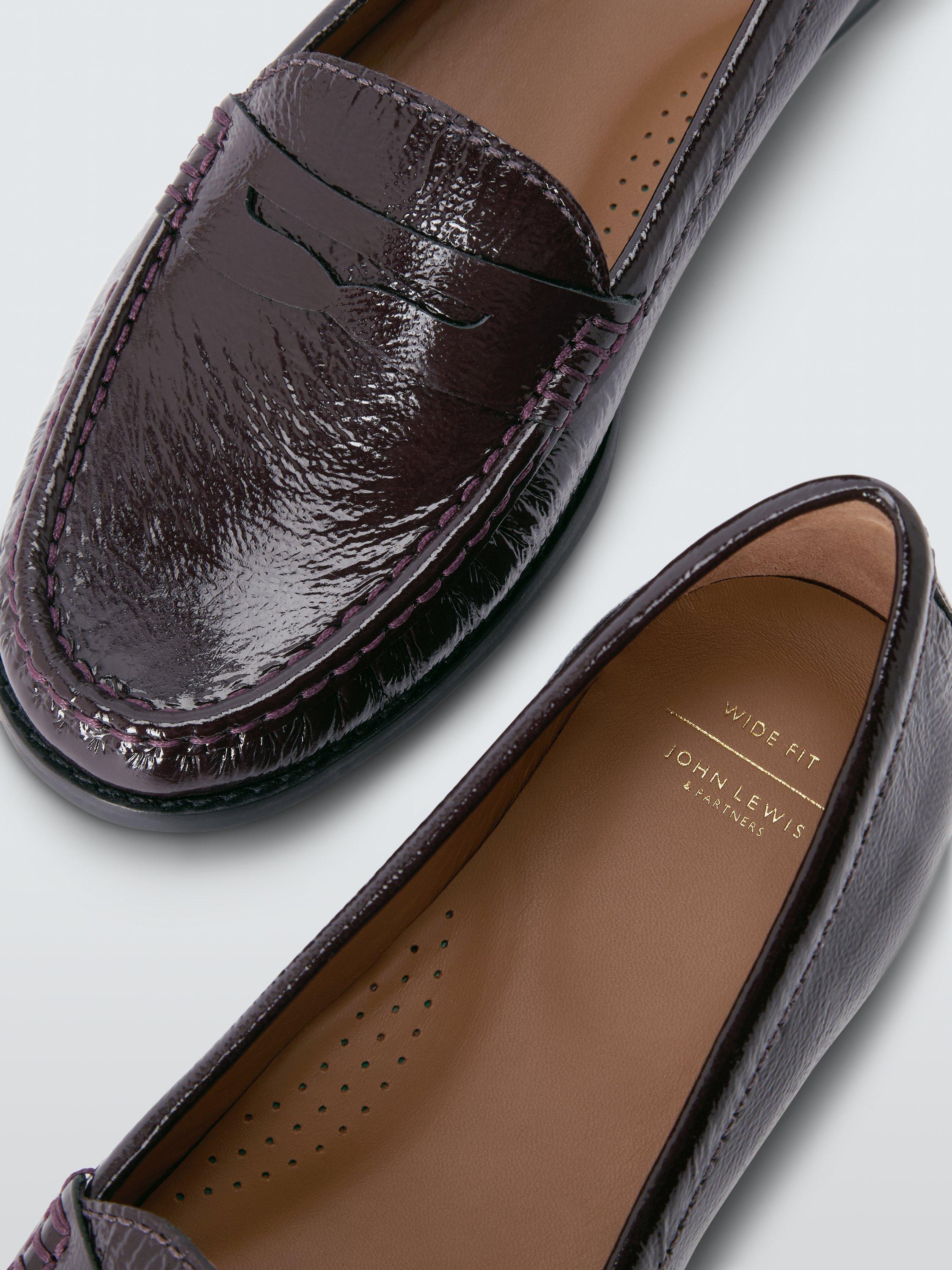 Product image 4 of 6, which shows John Lewis Pennie Wide Fit Patent Leather Loafers, Burgundy, 3