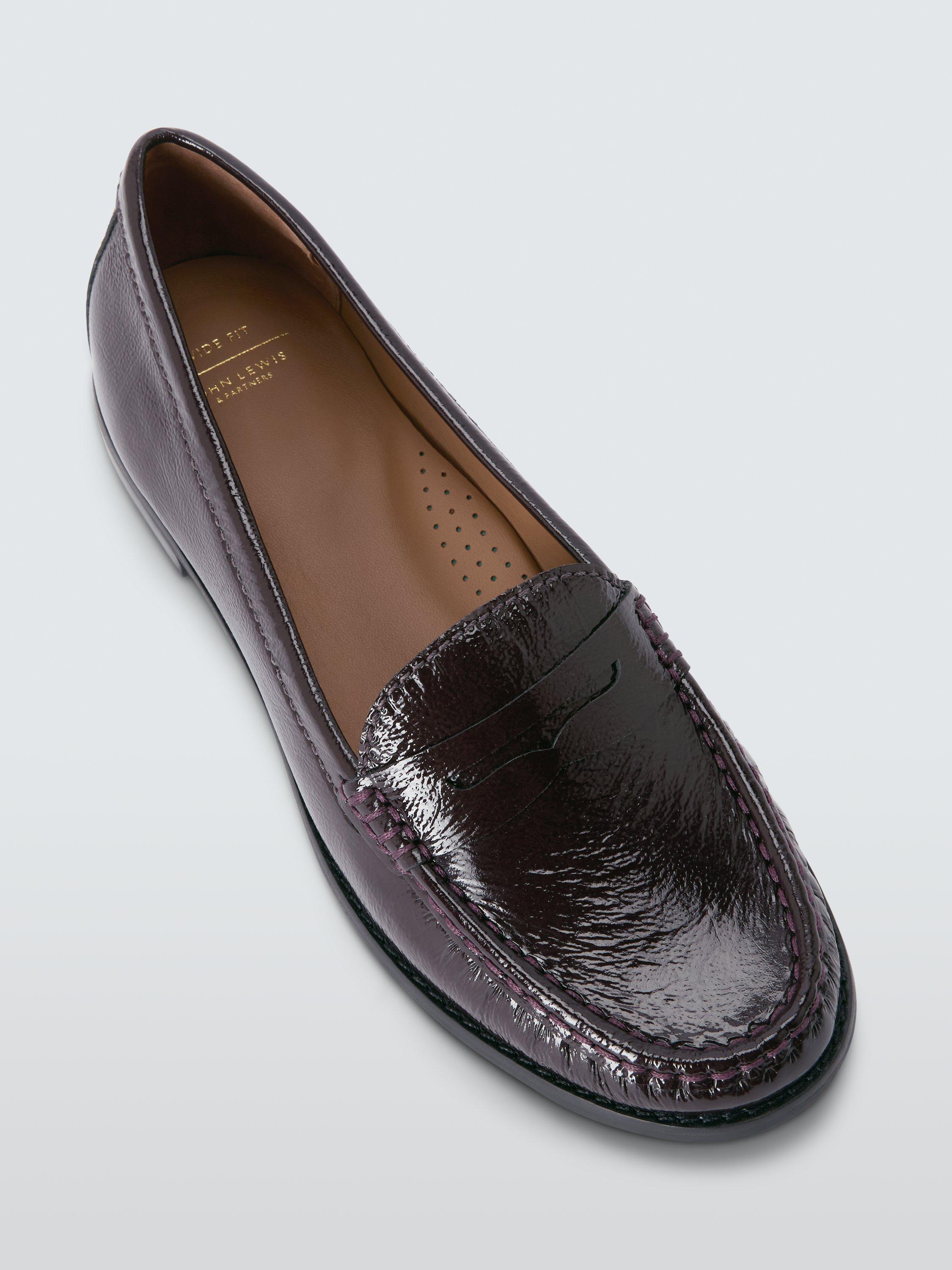Product image 5 of 6, which shows John Lewis Pennie Wide Fit Patent Leather Loafers, Burgundy, 3