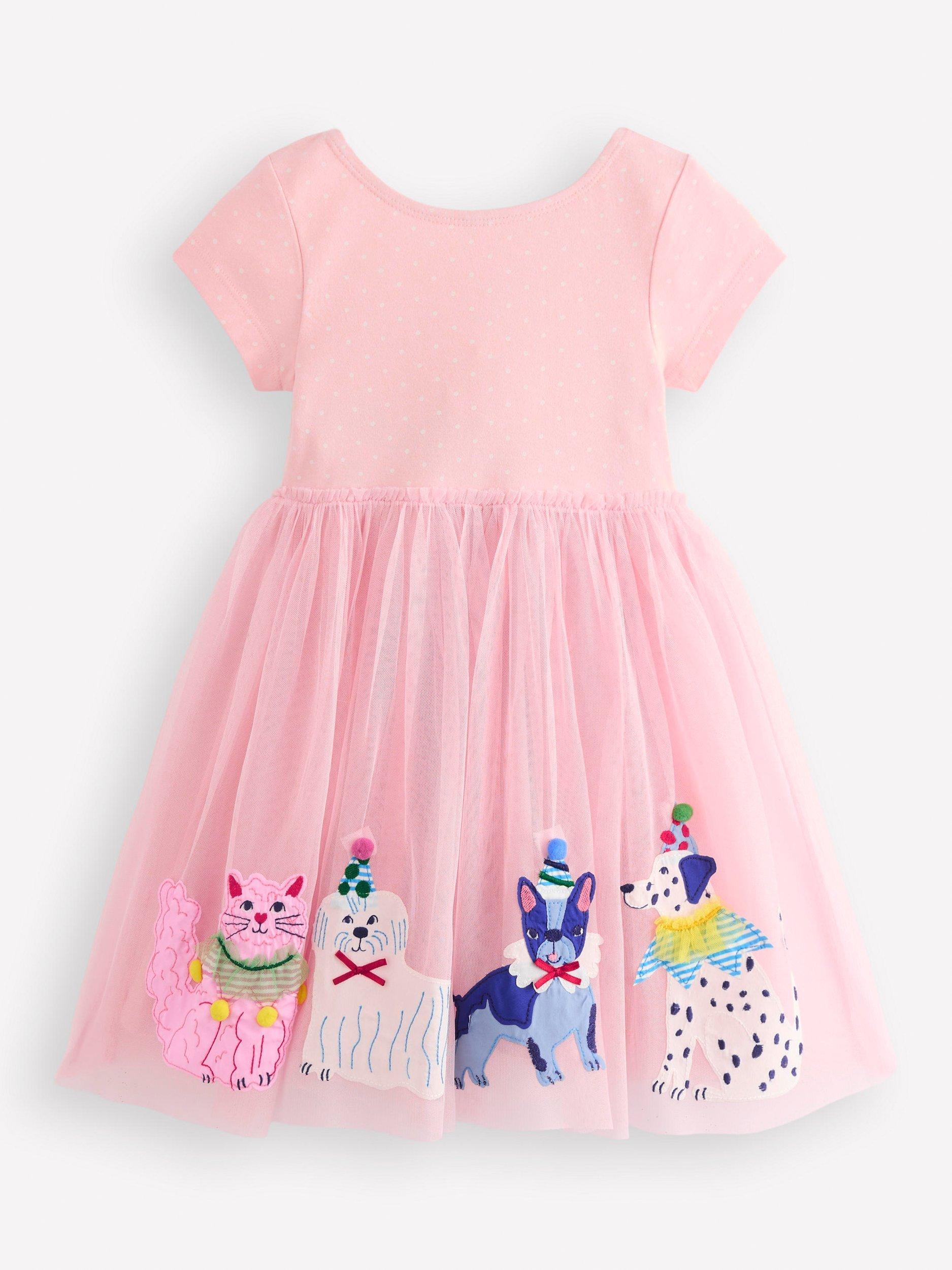 Product image 1 of 3, which shows Mini Boden Kids' Ami  Applique Tulle Dress, Pink, 7-8 years