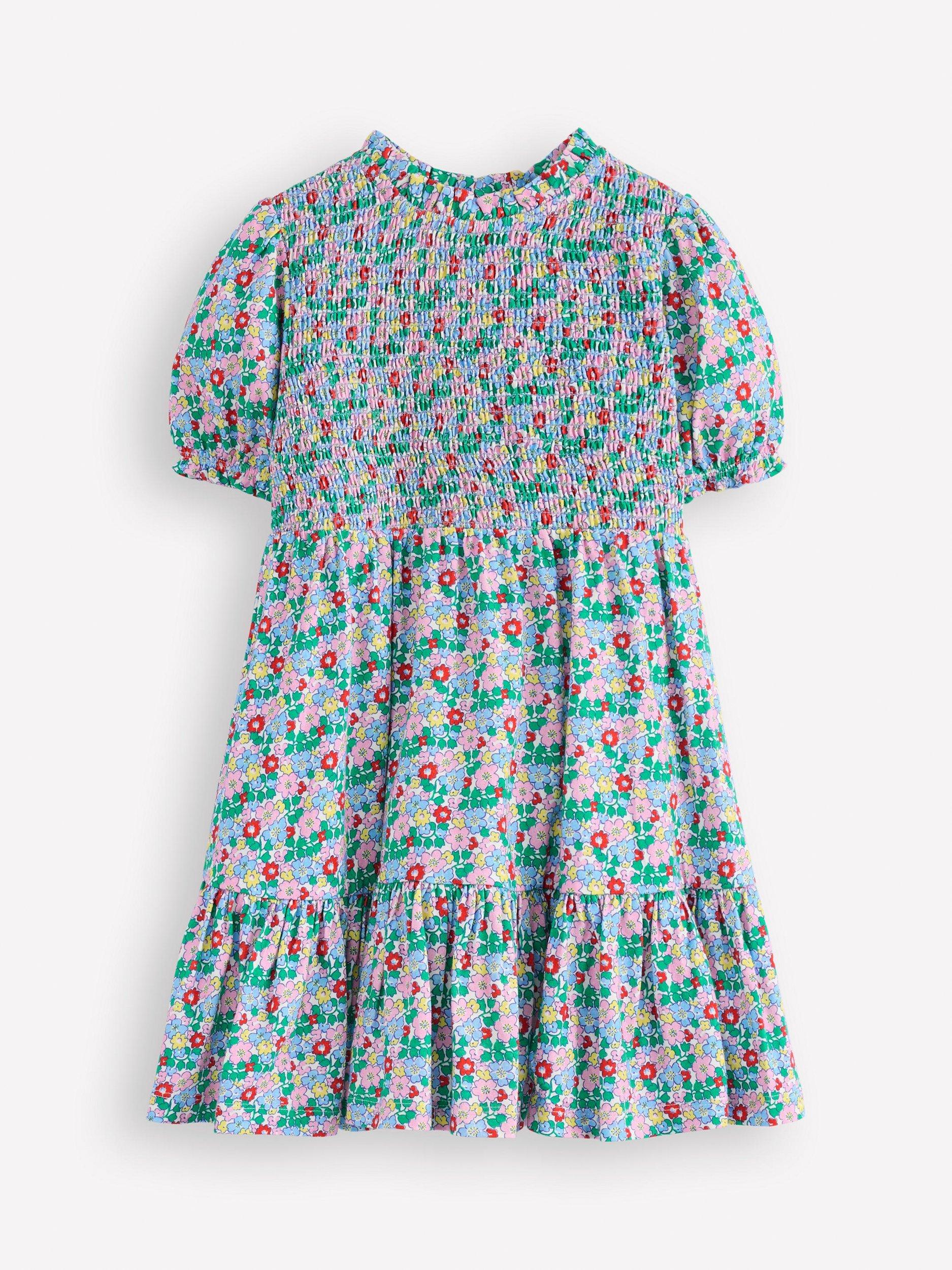 Product image 1 of 3, which shows Mini Boden Kids' Aurora Cotton Floral Shirred Dress, Multi, 3-4 years