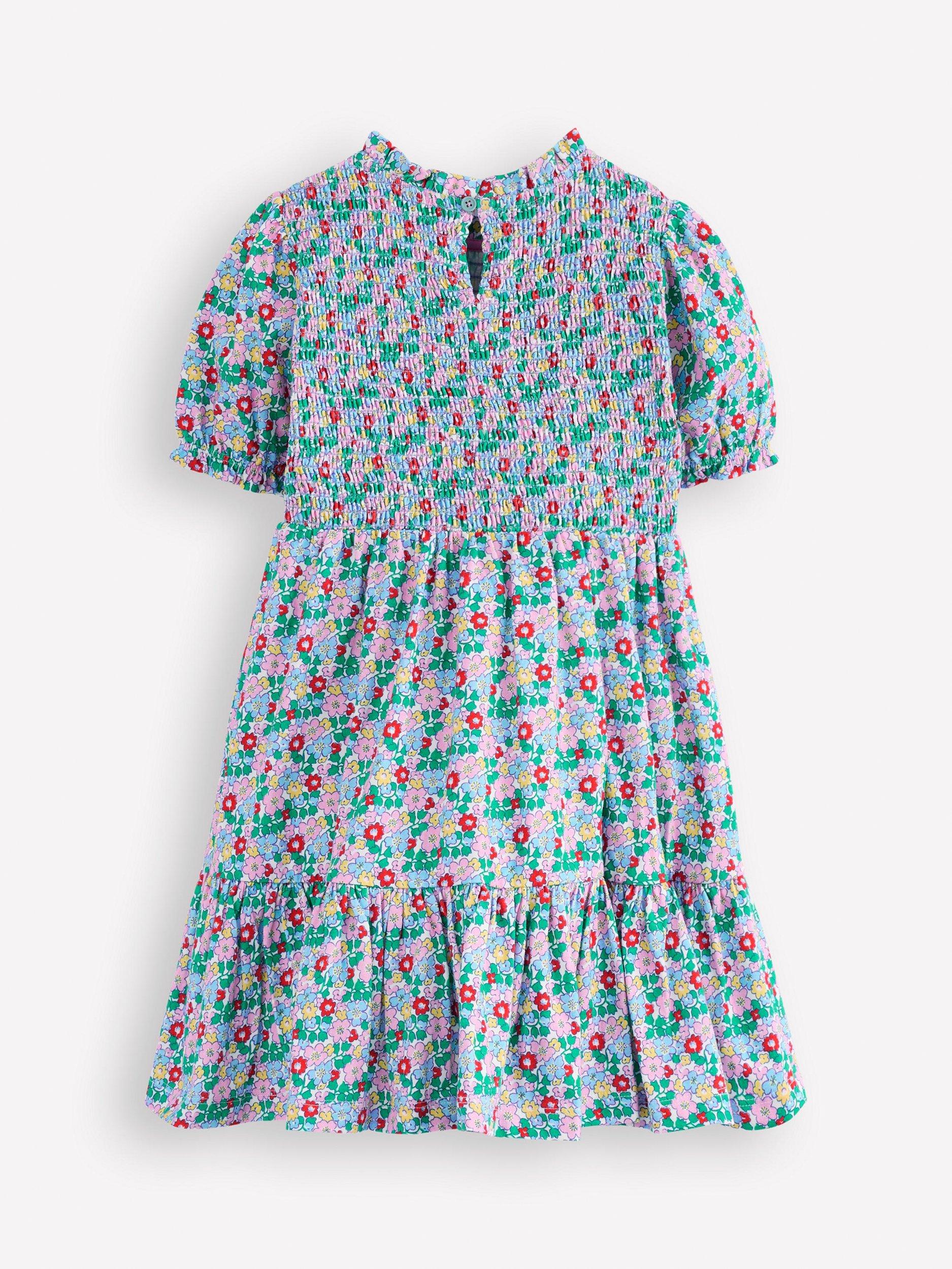 Product image 2 of 3, which shows Mini Boden Kids' Aurora Cotton Floral Shirred Dress, Multi, 3-4 years