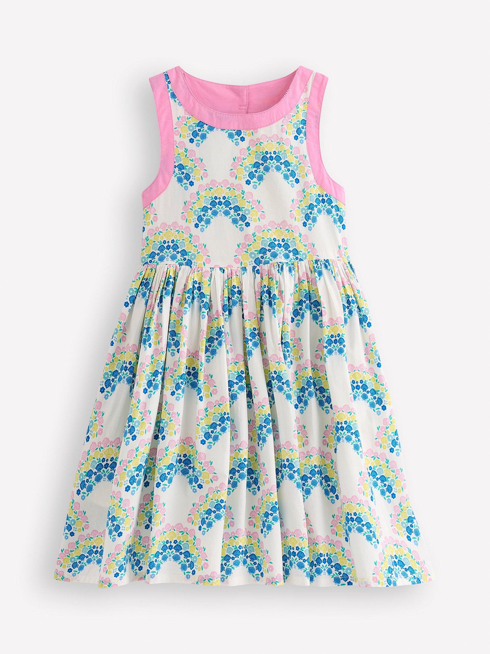 Mini Boden Kids' Harlow Cotton Strappy Back A-Line Dress, Ivory Rainbow Shells