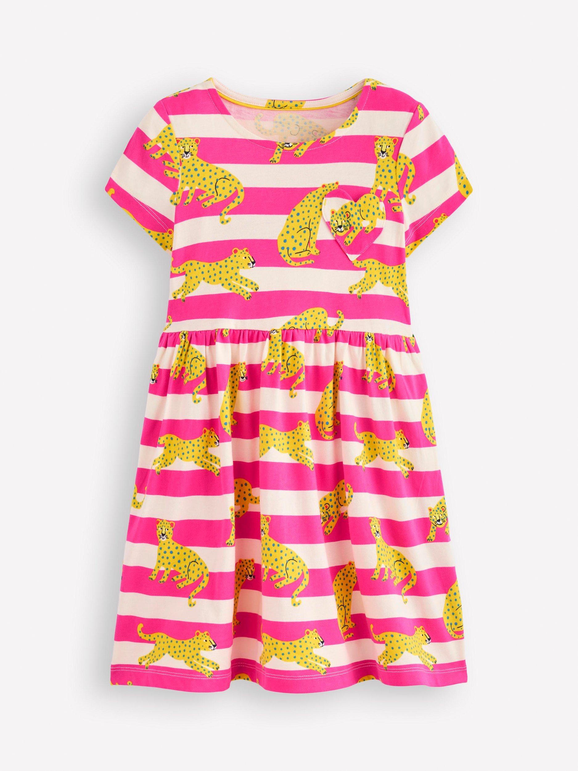 Product image 1 of 3, which shows Mini Boden Kids' Cotton Heart Pocket Dress, Pink Leopard Stripe, 2-3 years