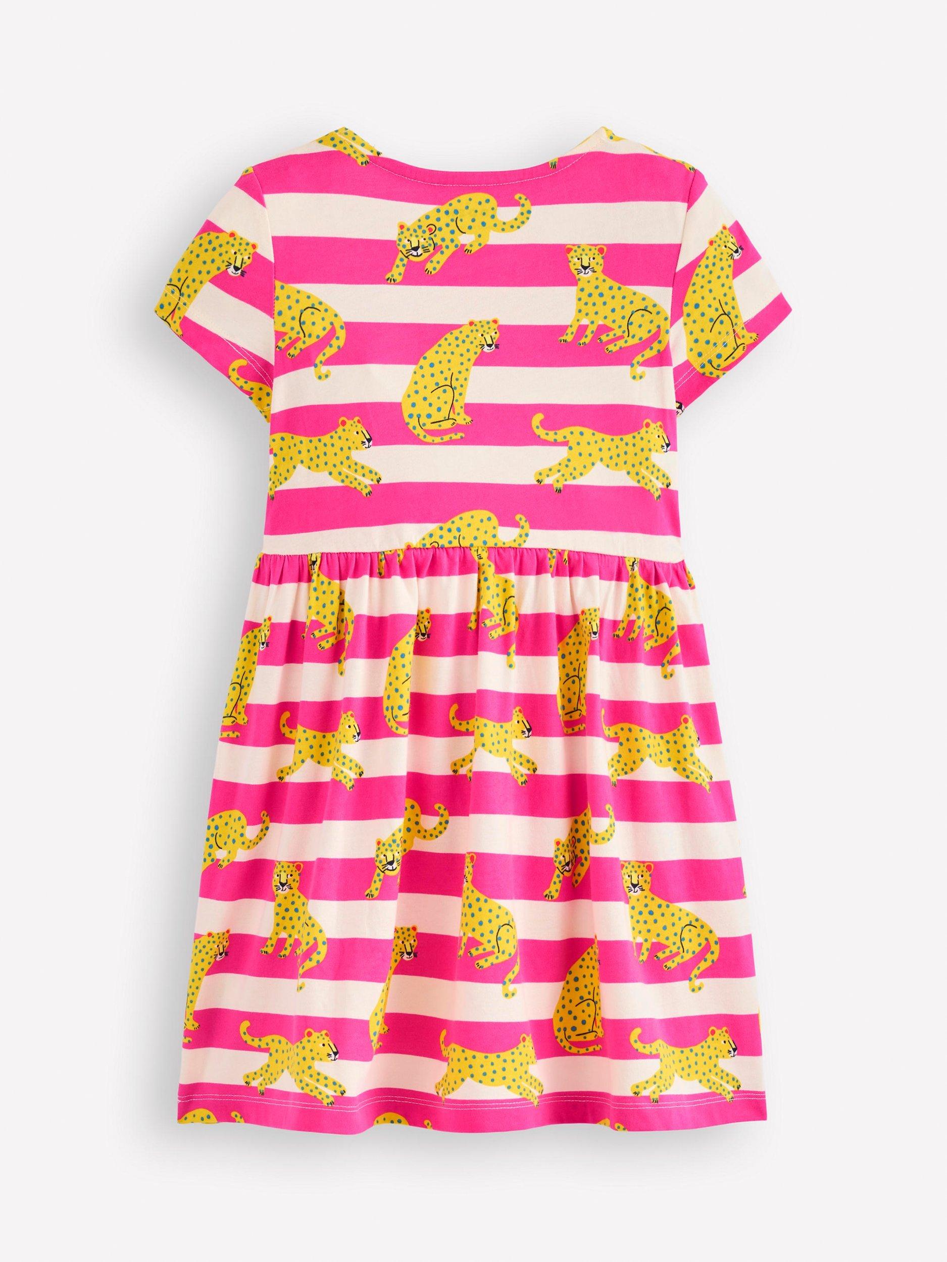 Product image 2 of 3, which shows Mini Boden Kids' Cotton Heart Pocket Dress, Pink Leopard Stripe, 2-3 years