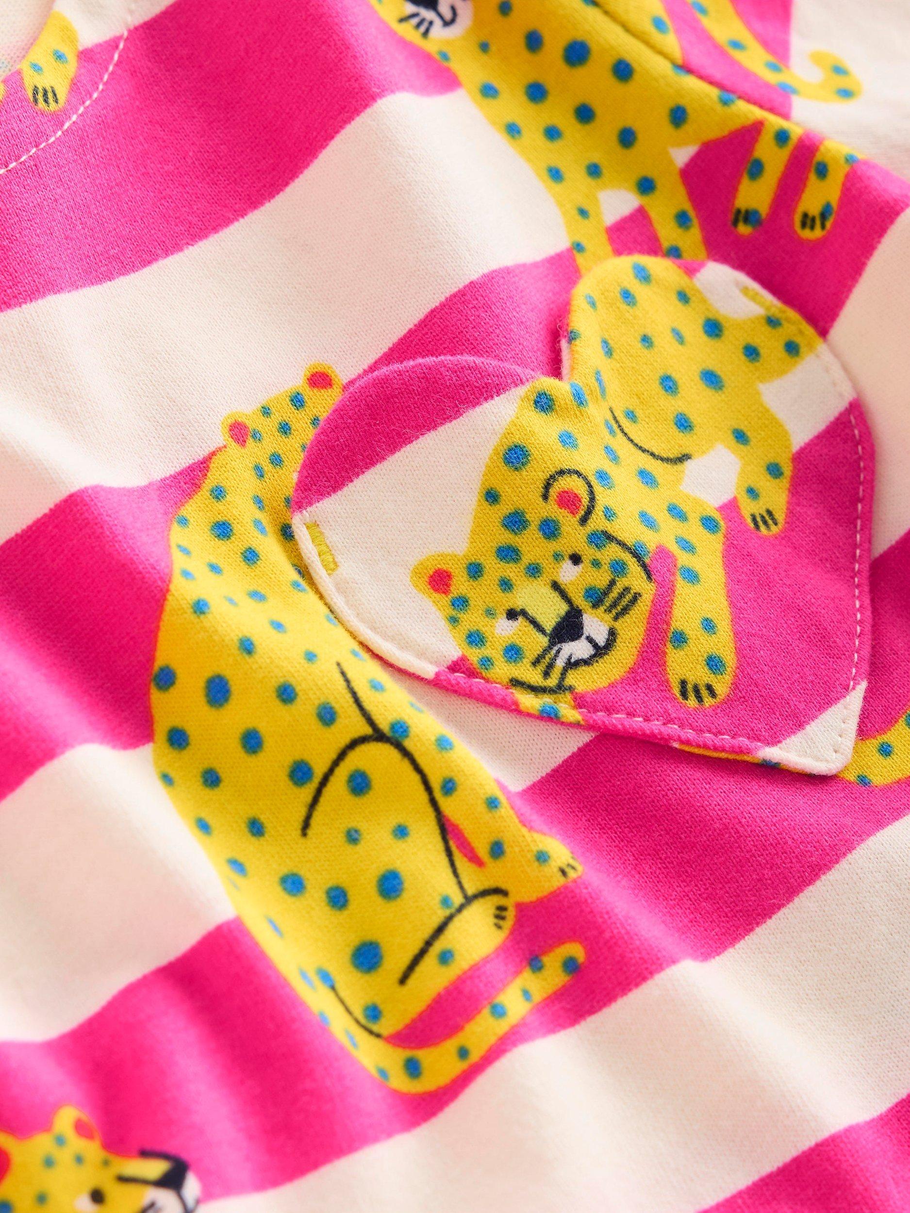 Product image 3 of 3, which shows Mini Boden Kids' Cotton Heart Pocket Dress, Pink Leopard Stripe, 2-3 years