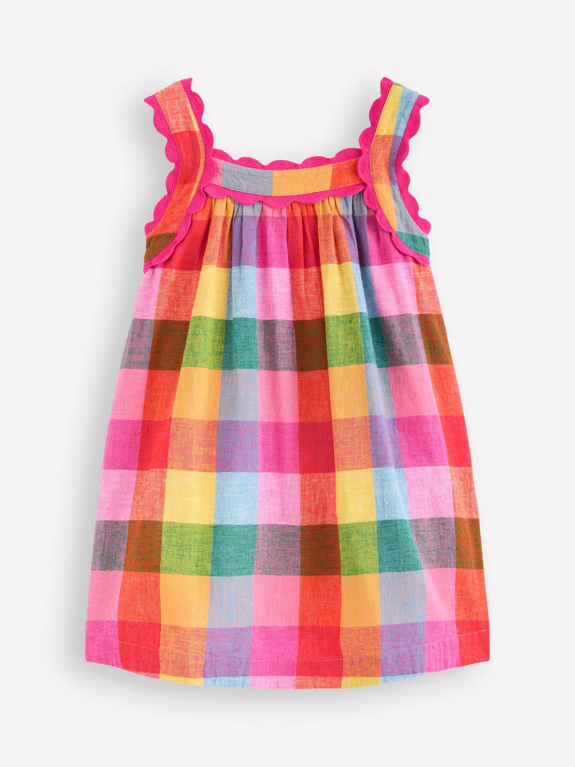 Product image 1 of 3, which shows Mini Boden Kids' Maribel Cotton Linen Strappy Dress, Multigingham Check, 9-10 years