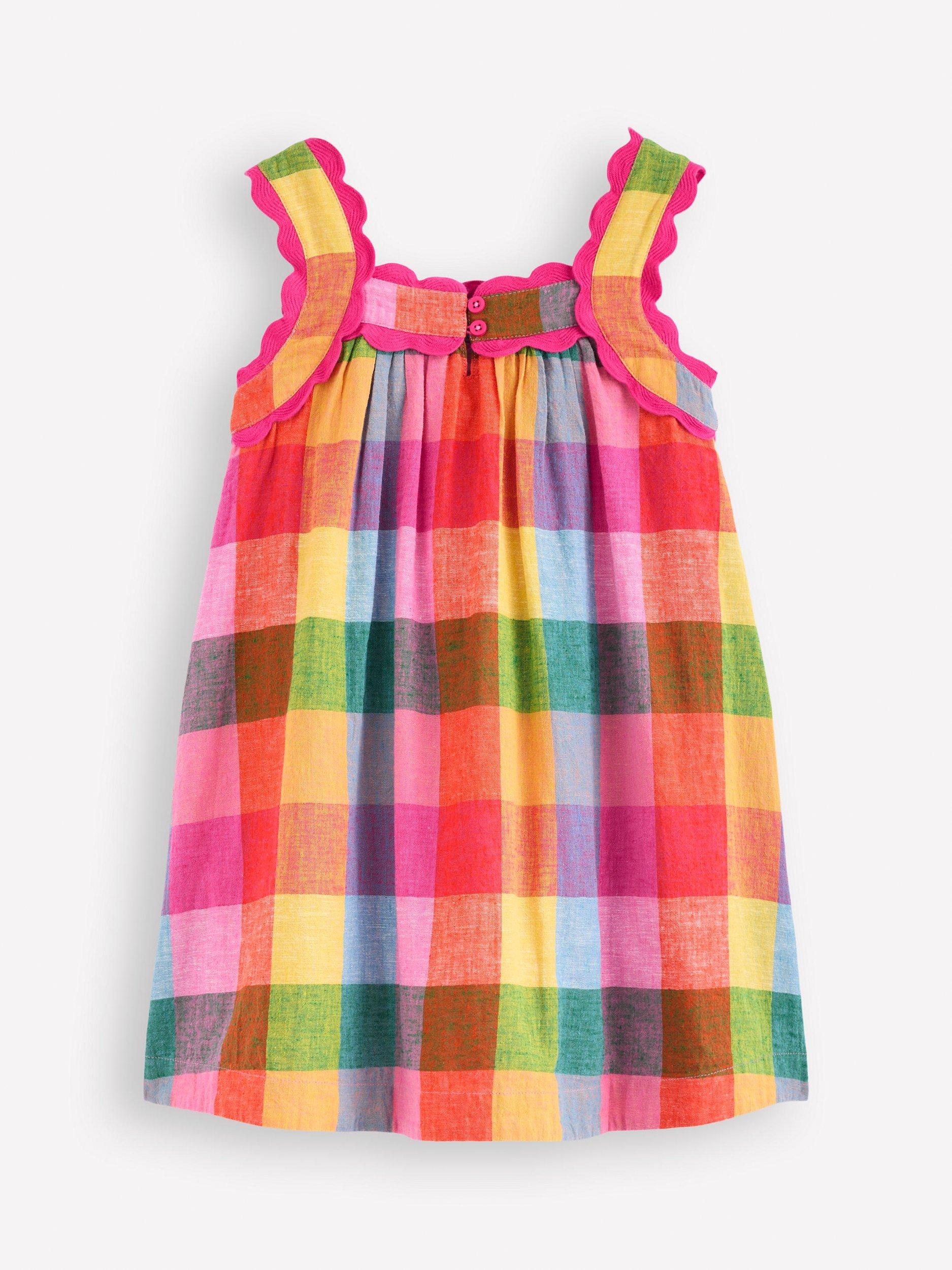 Product image 2 of 3, which shows Mini Boden Kids' Maribel Cotton Linen Strappy Dress, Multigingham Check, 9-10 years