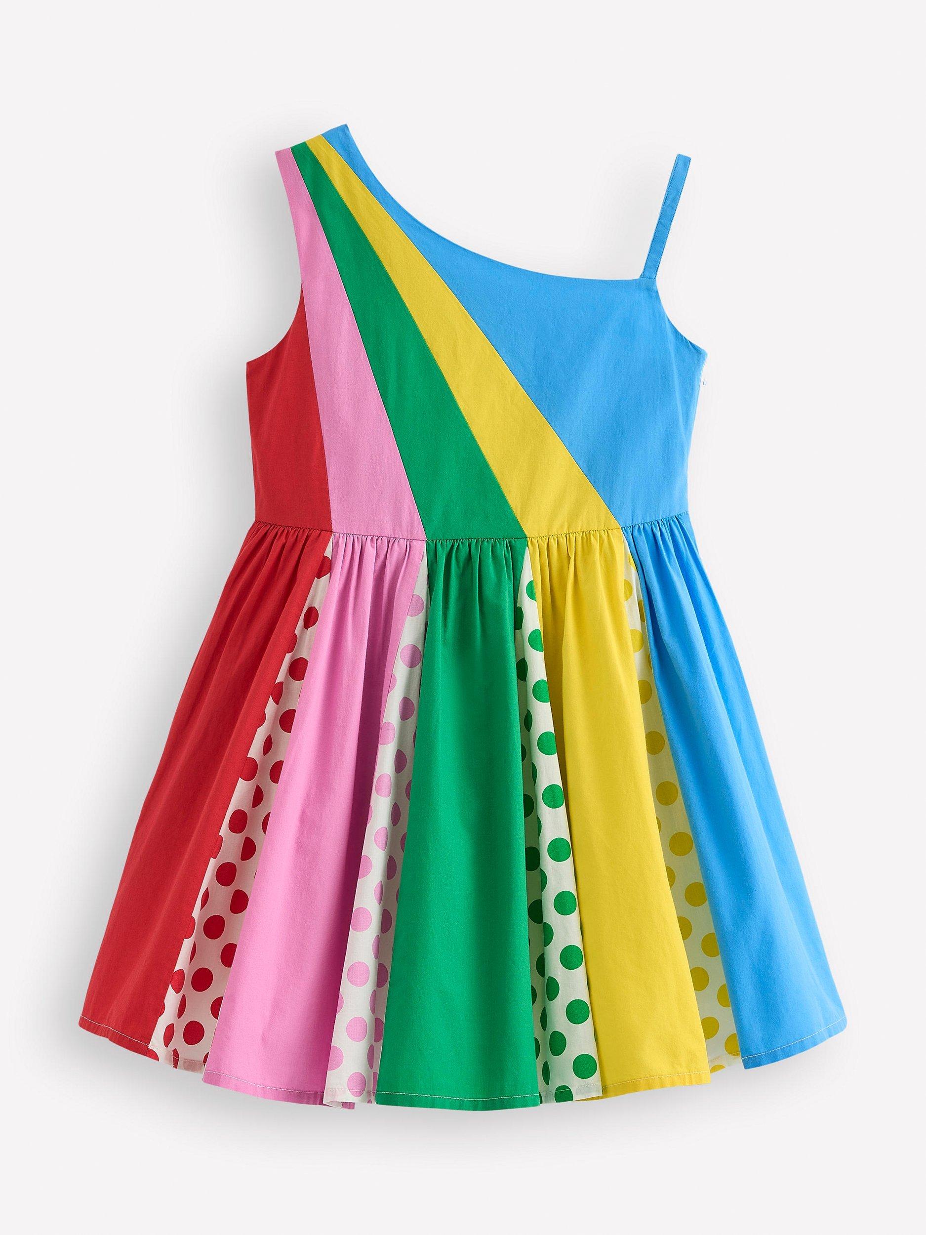 Product image 1 of 3, which shows Mini Boden Kids' Cotton One Shoulder Party Dress, Multi Spot, 4-5 years