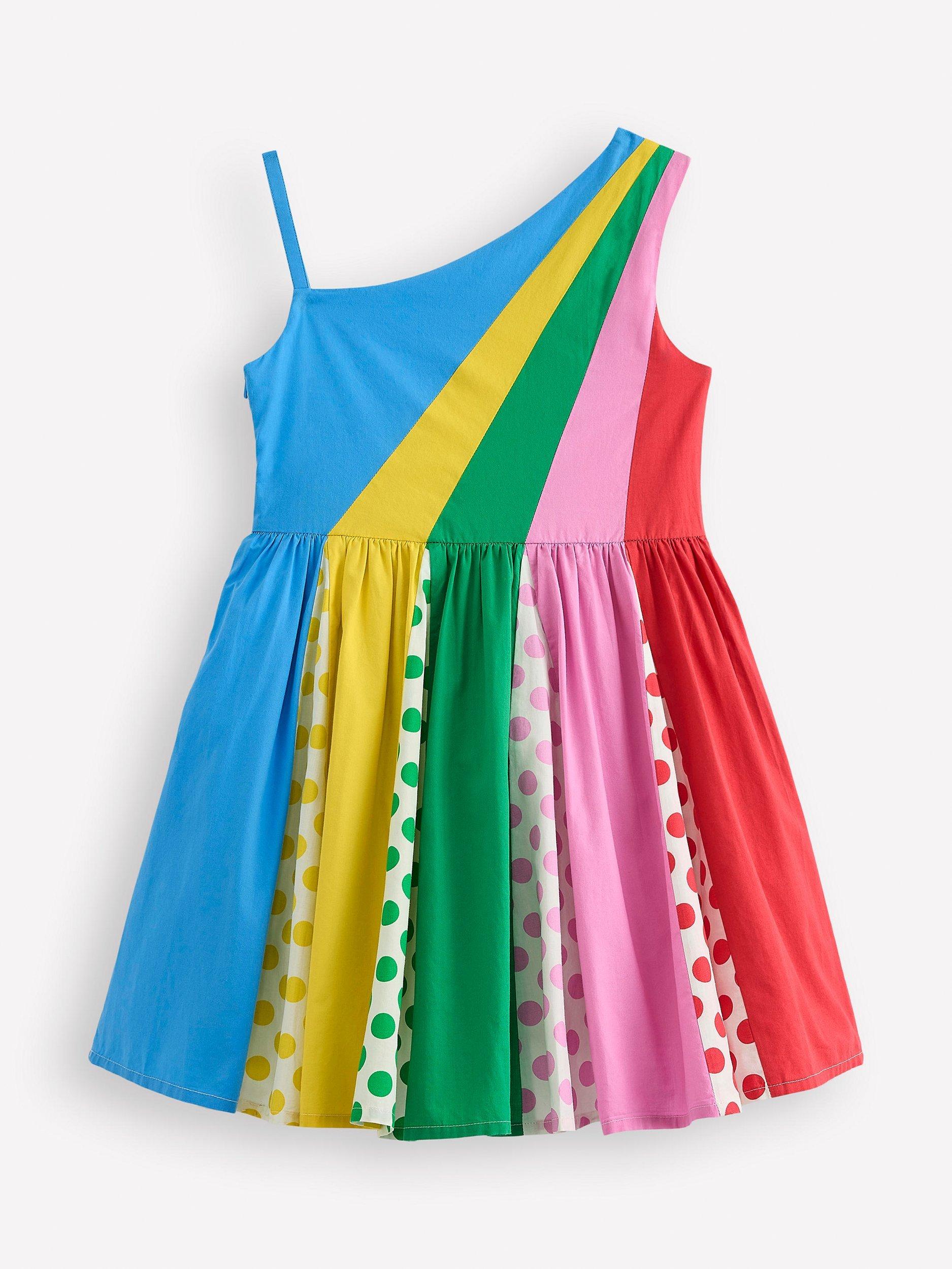 Product image 2 of 3, which shows Mini Boden Kids' Cotton One Shoulder Party Dress, Multi Spot, 4-5 years