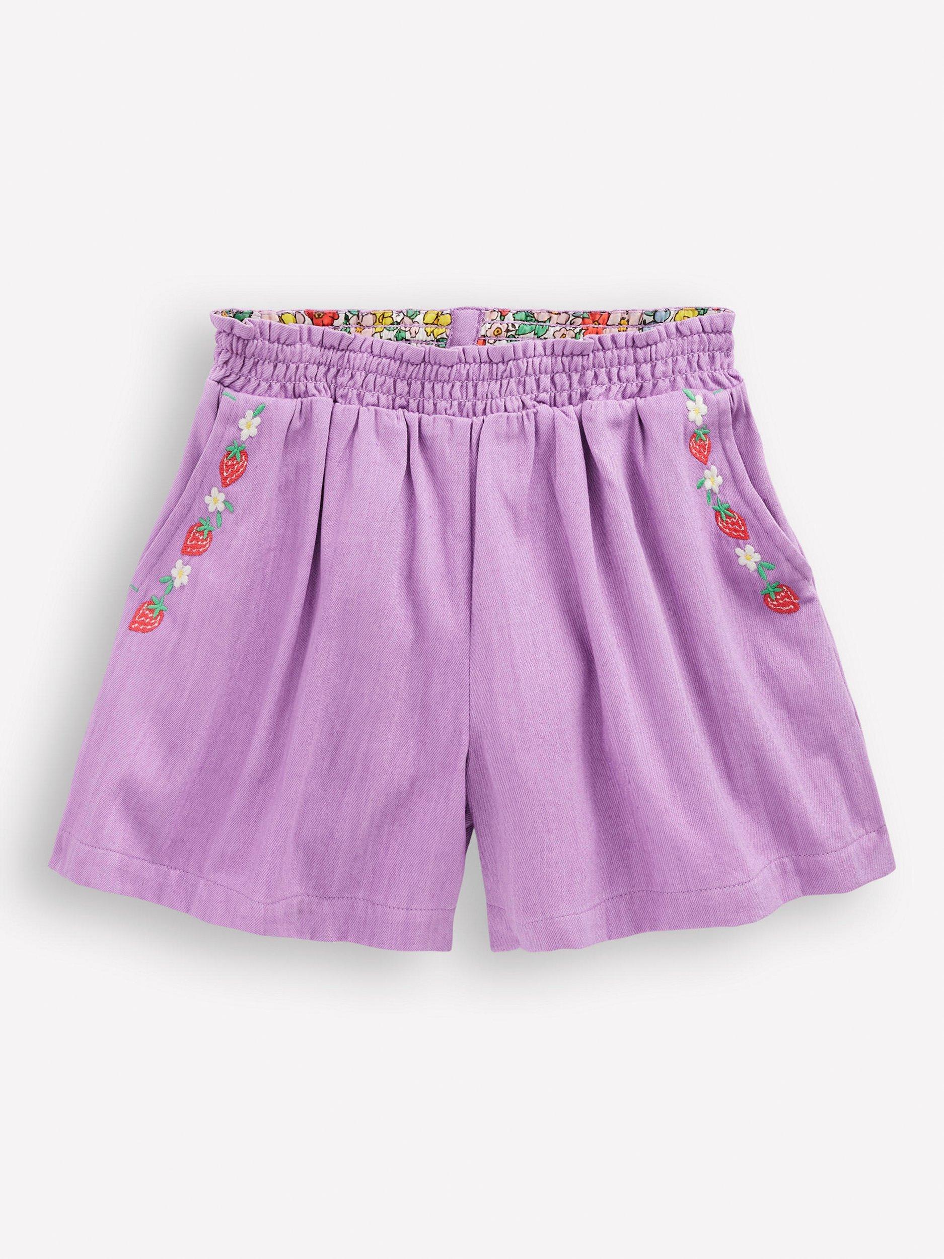 Product image 1 of 3, which shows Mini Boden Kids' Cotton Embroidered Pull-On Shorts , Aster Purple, 2-3 years