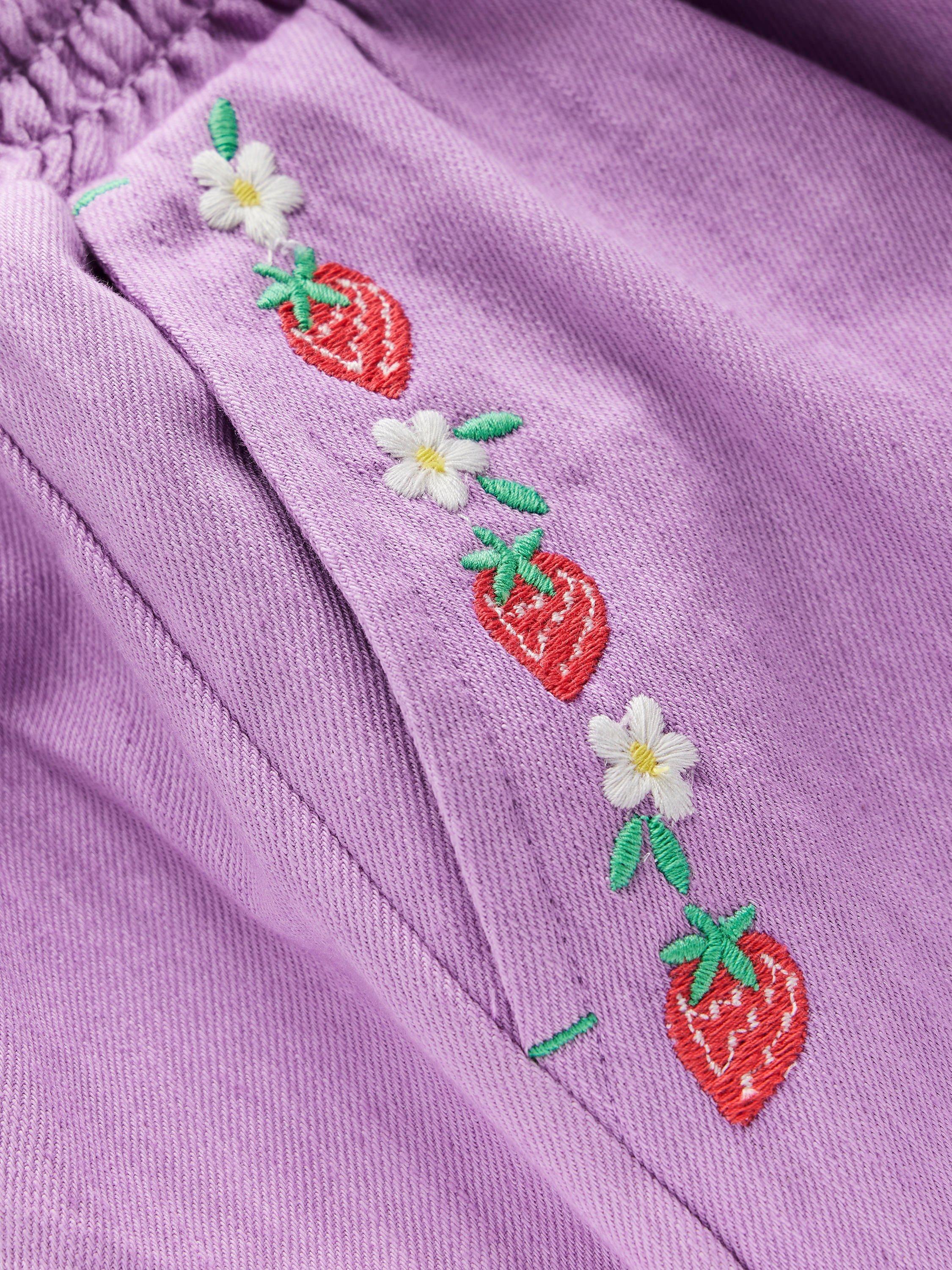 Product image 3 of 3, which shows Mini Boden Kids' Cotton Embroidered Pull-On Shorts , Aster Purple, 2-3 years