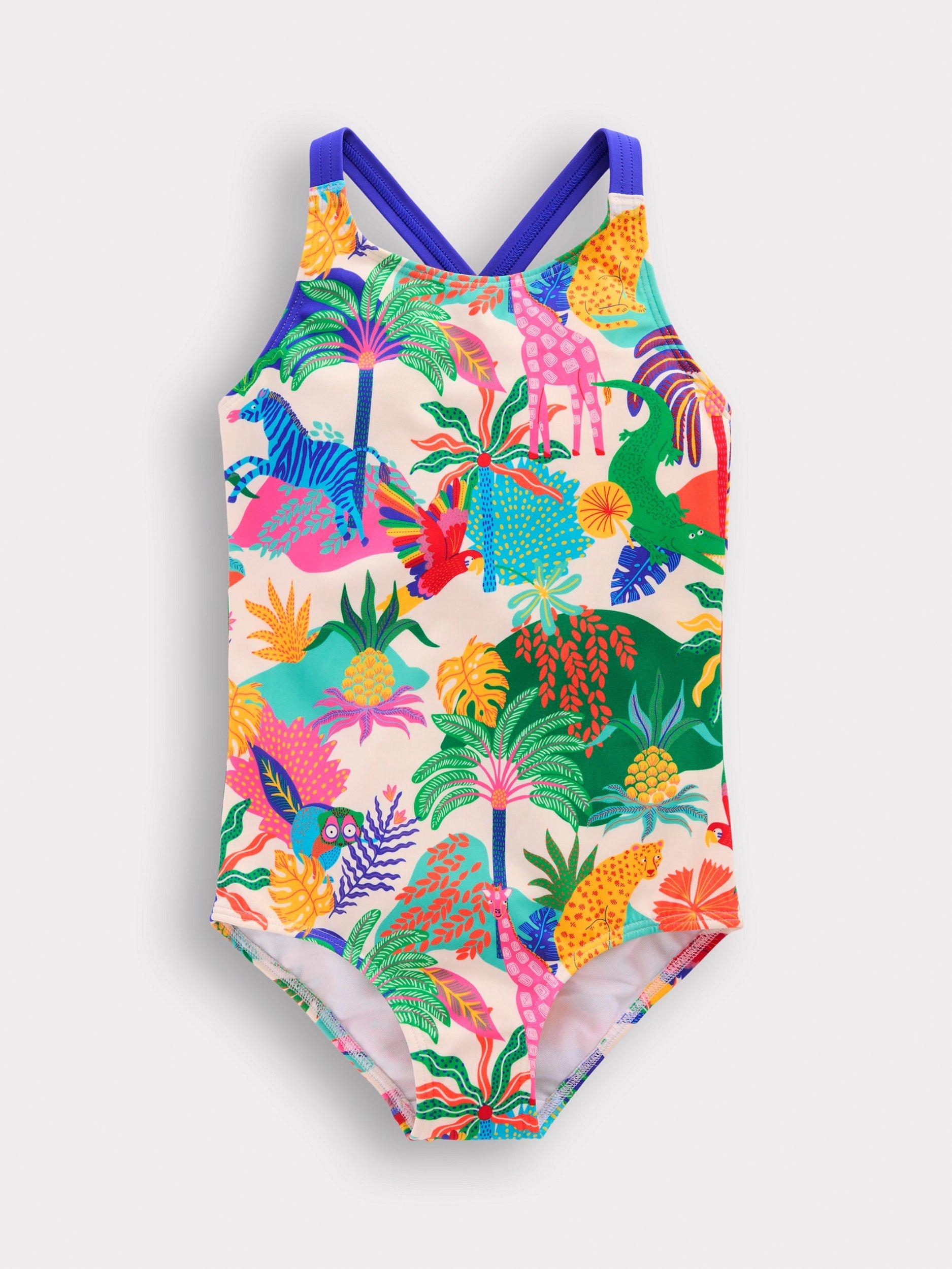 Mini Boden Kids' Cross-Back Exotic Animal Print Swimsuit, Multi