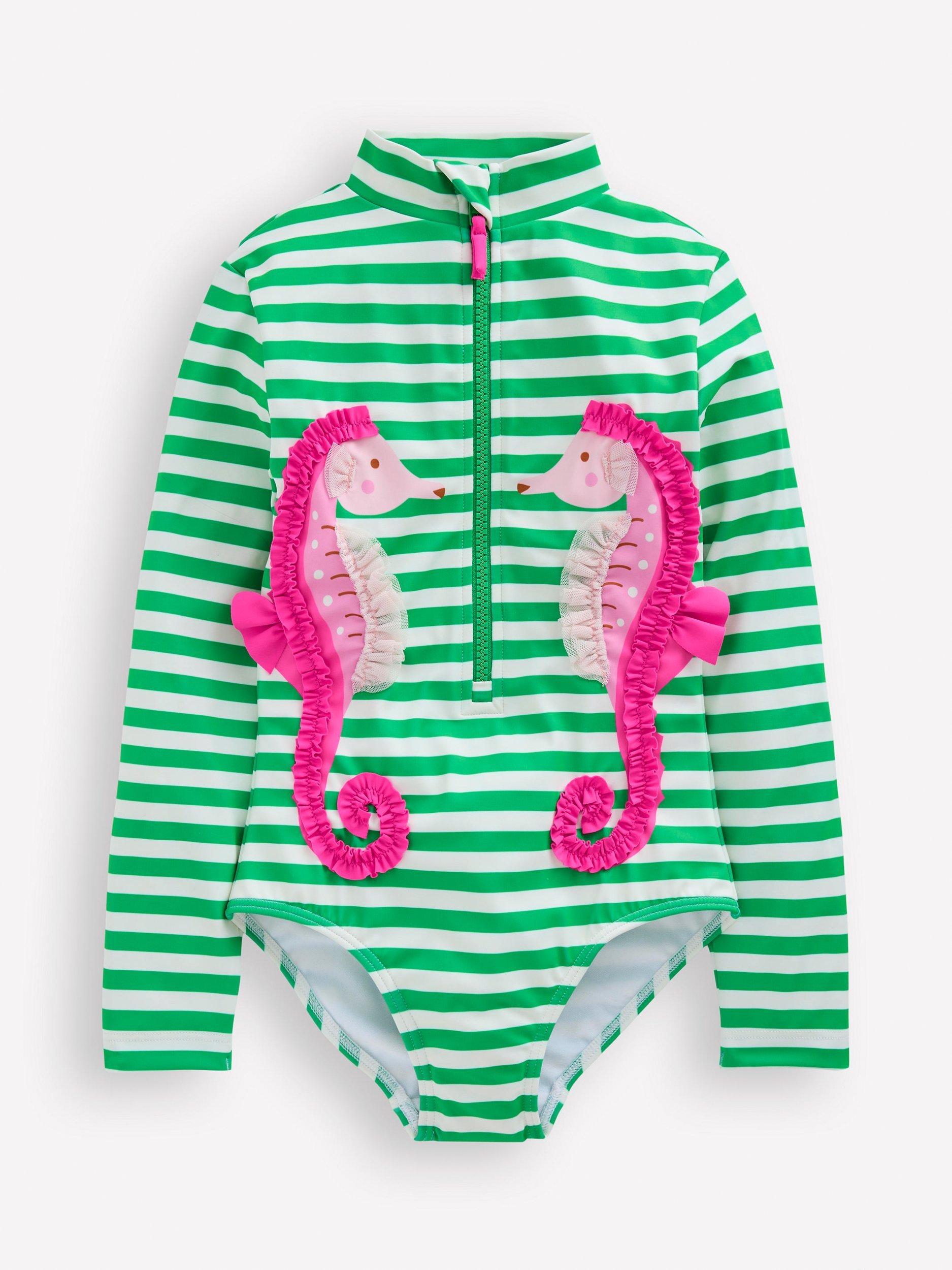 Product image 1 of 3, which shows Mini Boden Kids' Long-Sleeve Stripe Swimsuit, Green Seahorse, 10-11 years