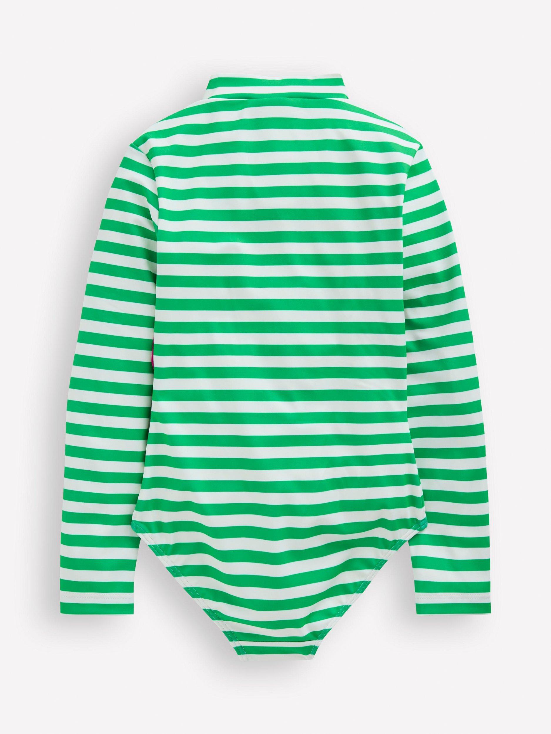 Product image 2 of 3, which shows Mini Boden Kids' Long-Sleeve Stripe Swimsuit, Green Seahorse, 10-11 years