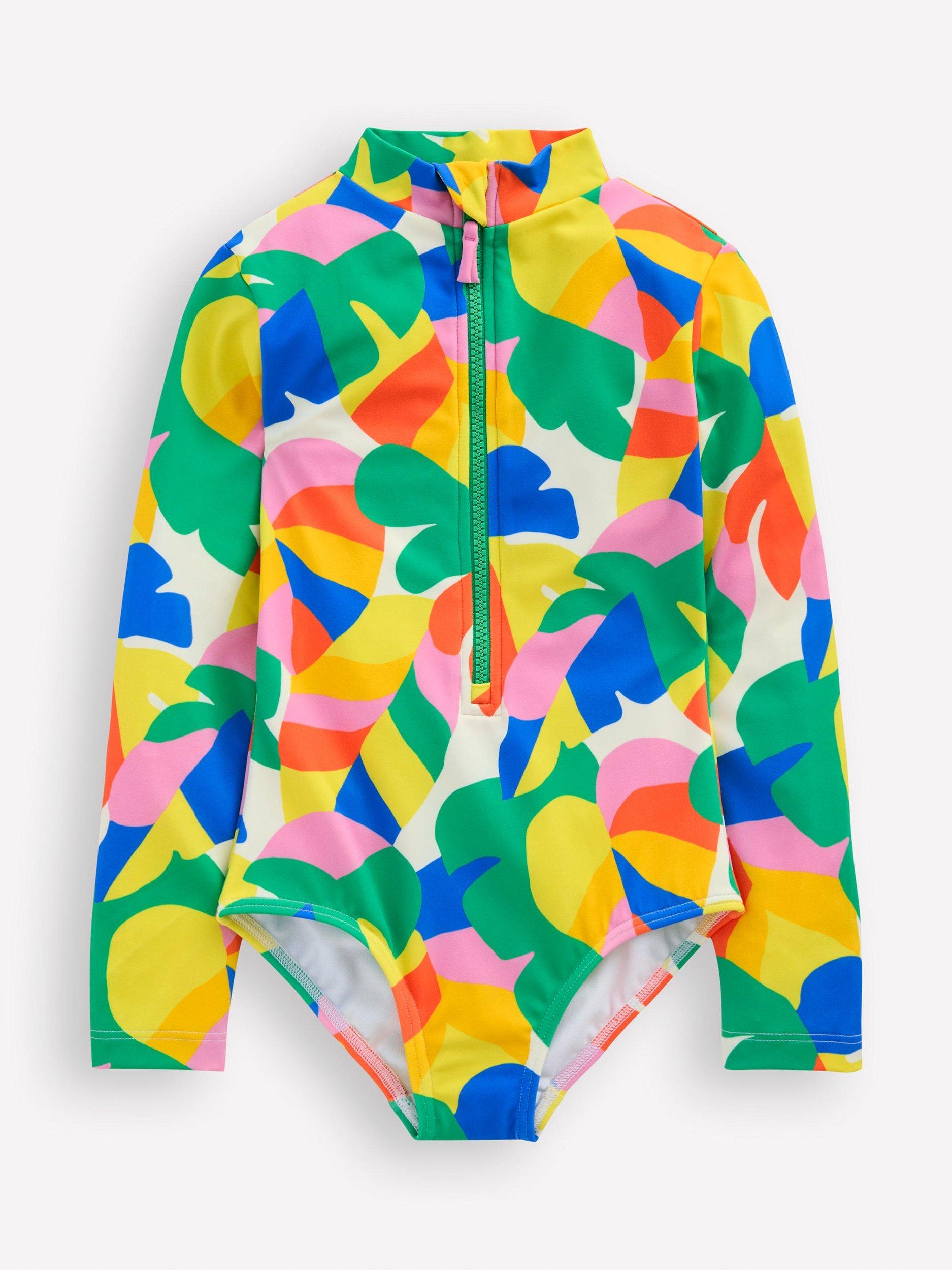 Product image 1 of 3, which shows Mini Boden Kids' Long-Sleeve Swimsuit, Multi Abstract Palm, 4-5 years