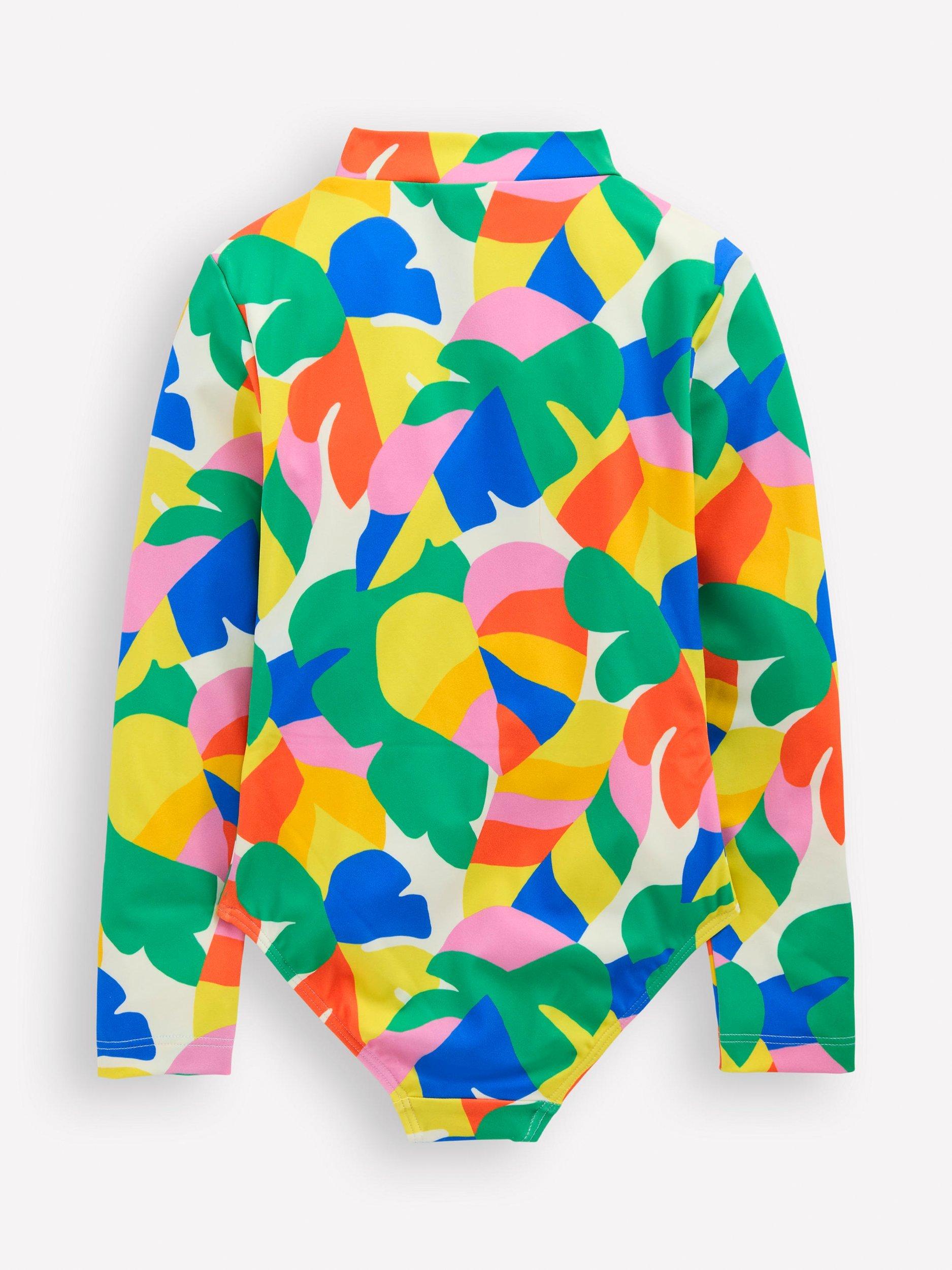 Product image 2 of 3, which shows Mini Boden Kids' Long-Sleeve Swimsuit, Multi Abstract Palm, 4-5 years