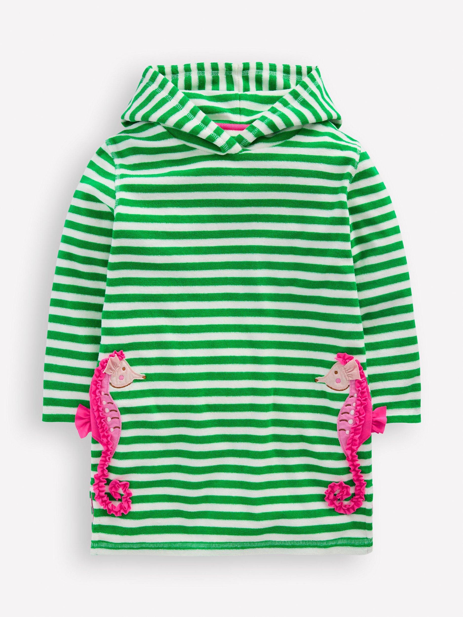 Product image 1 of 3, which shows Mini Boden Kids' Mara Cotton Towelling Throw-On, Green Stripe, 4-5 years