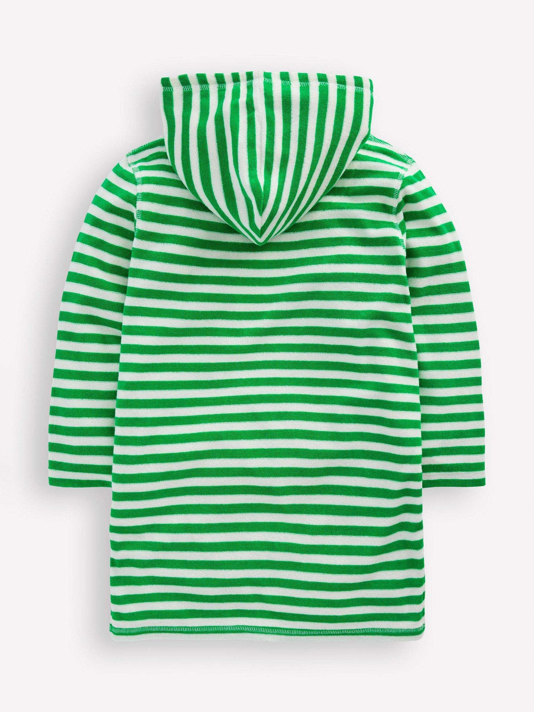 Product image 2 of 3, which shows Mini Boden Kids' Mara Cotton Towelling Throw-On, Green Stripe, 4-5 years