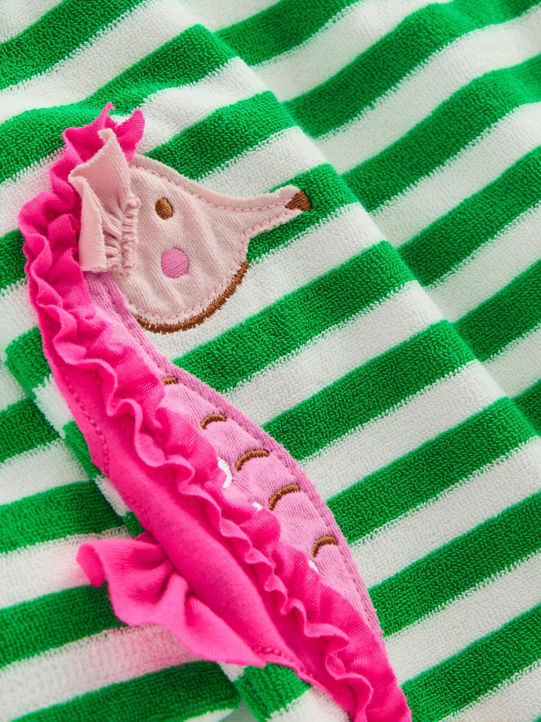 Product image 3 of 3, which shows Mini Boden Kids' Mara Cotton Towelling Throw-On, Green Stripe, 4-5 years