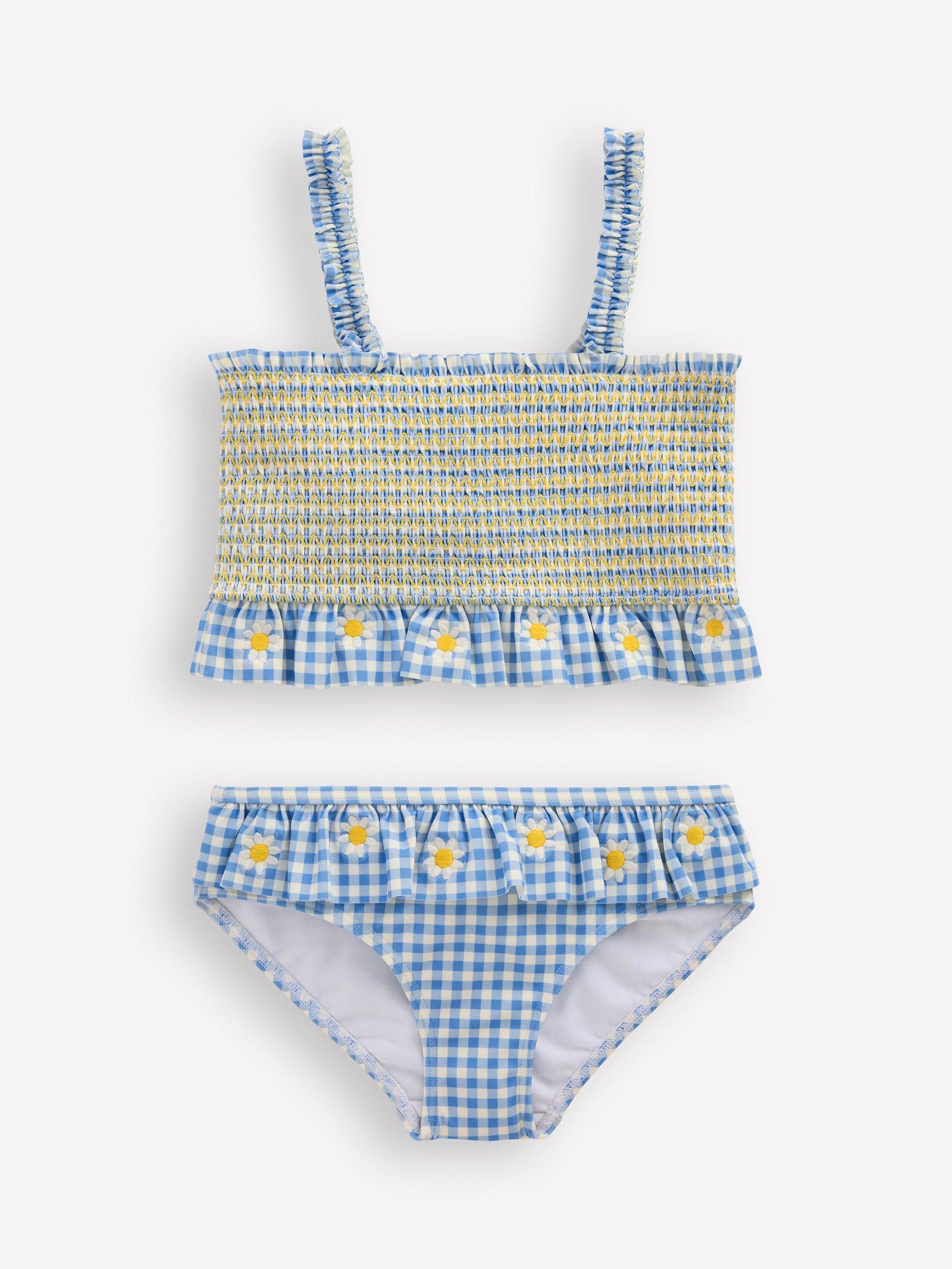 Product image 1 of 3, which shows Mini Boden Kids' Pretty Peplum Smocked Bikini, Gingham Daisy, 6-7 years