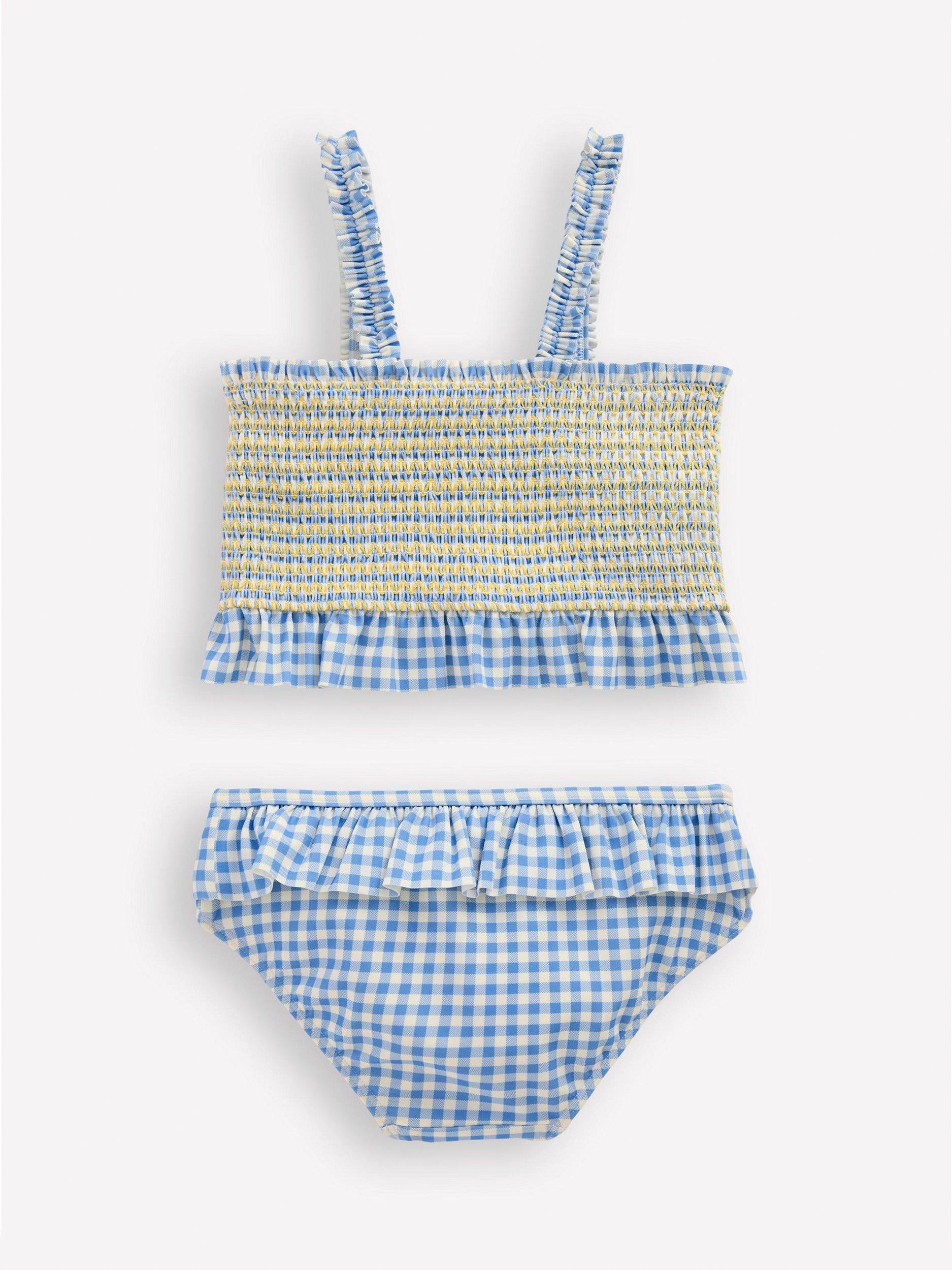 Product image 2 of 3, which shows Mini Boden Kids' Pretty Peplum Smocked Bikini, Gingham Daisy, 6-7 years