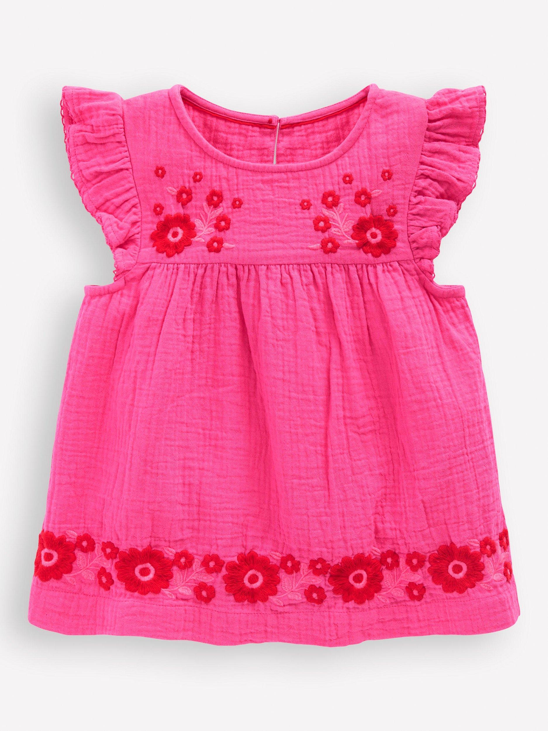 Product image 1 of 3, which shows Mini Boden Kids' Cotton Double Cloth Floral Top, Pink Embroidered, 5-6 years