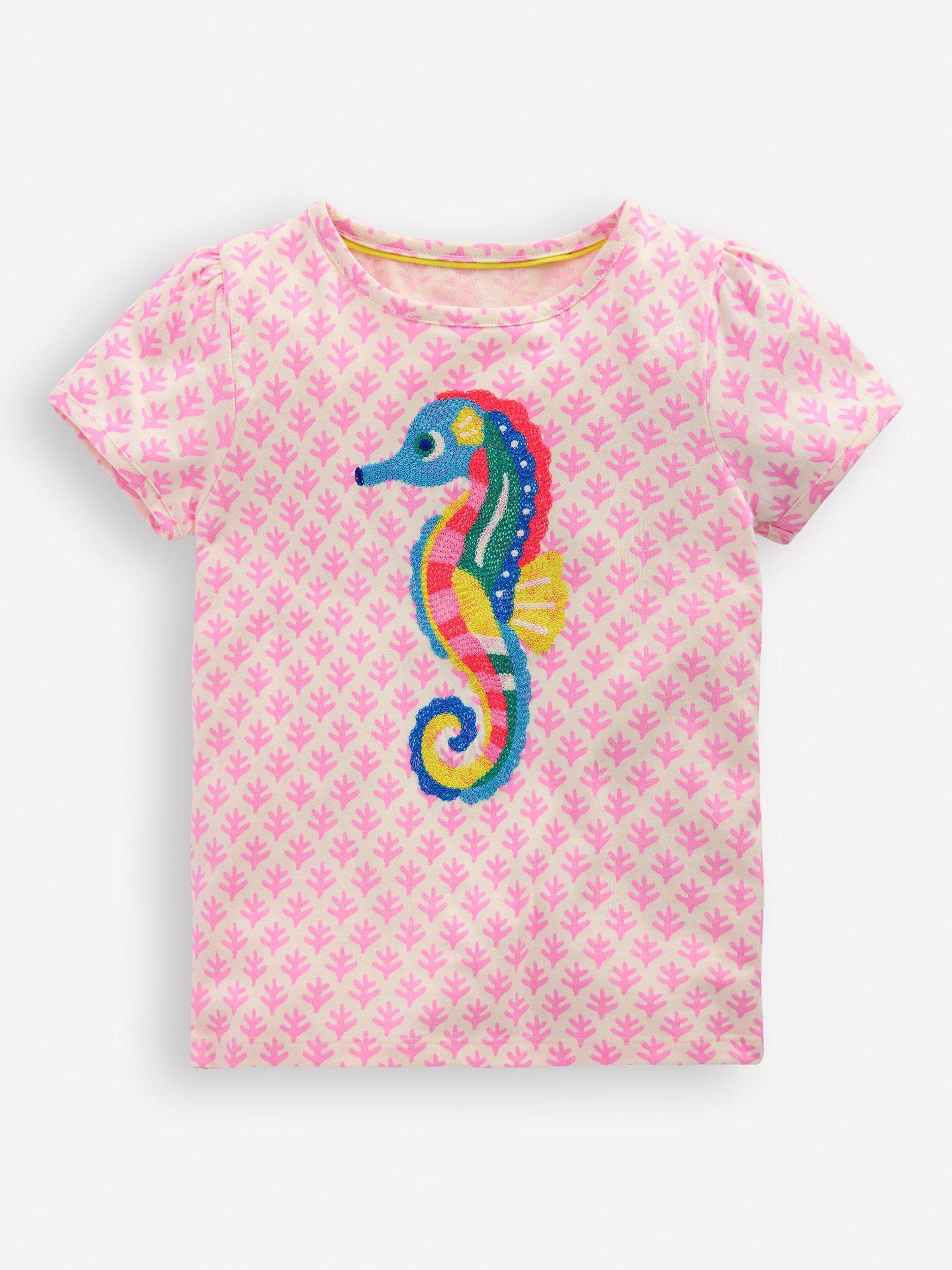 Product image 1 of 3, which shows Mini Boden Kids' Cotton Superstitch Puff Sleeve T-Shirt, Pink Seahorse, 2-3 years