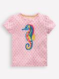 Mini Boden Kids' Cotton Superstitch Puff Sleeve T-Shirt, Pink Seahorse