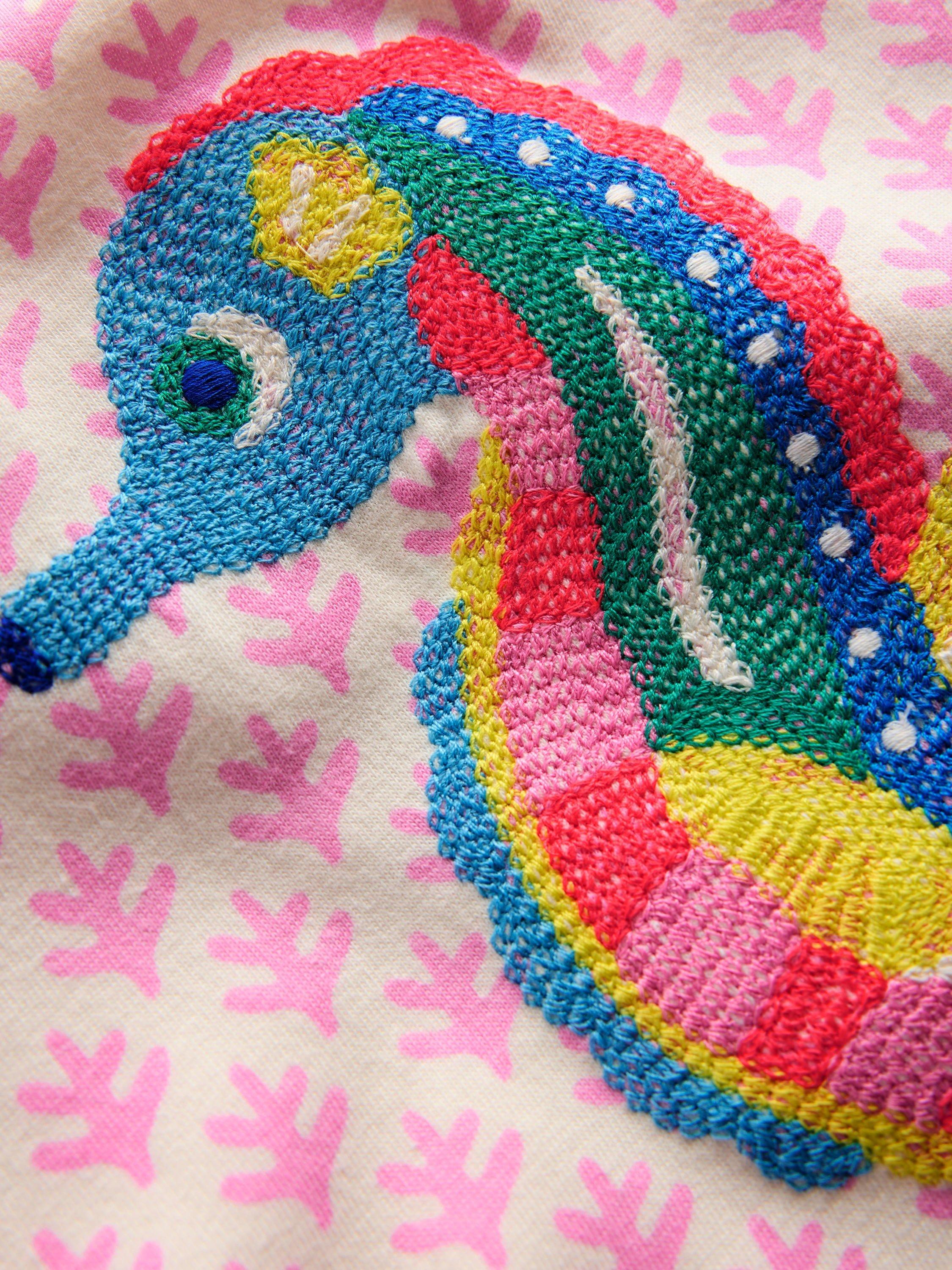 Product image 3 of 3, which shows Mini Boden Kids' Cotton Superstitch Puff Sleeve T-Shirt, Pink Seahorse, 2-3 years
