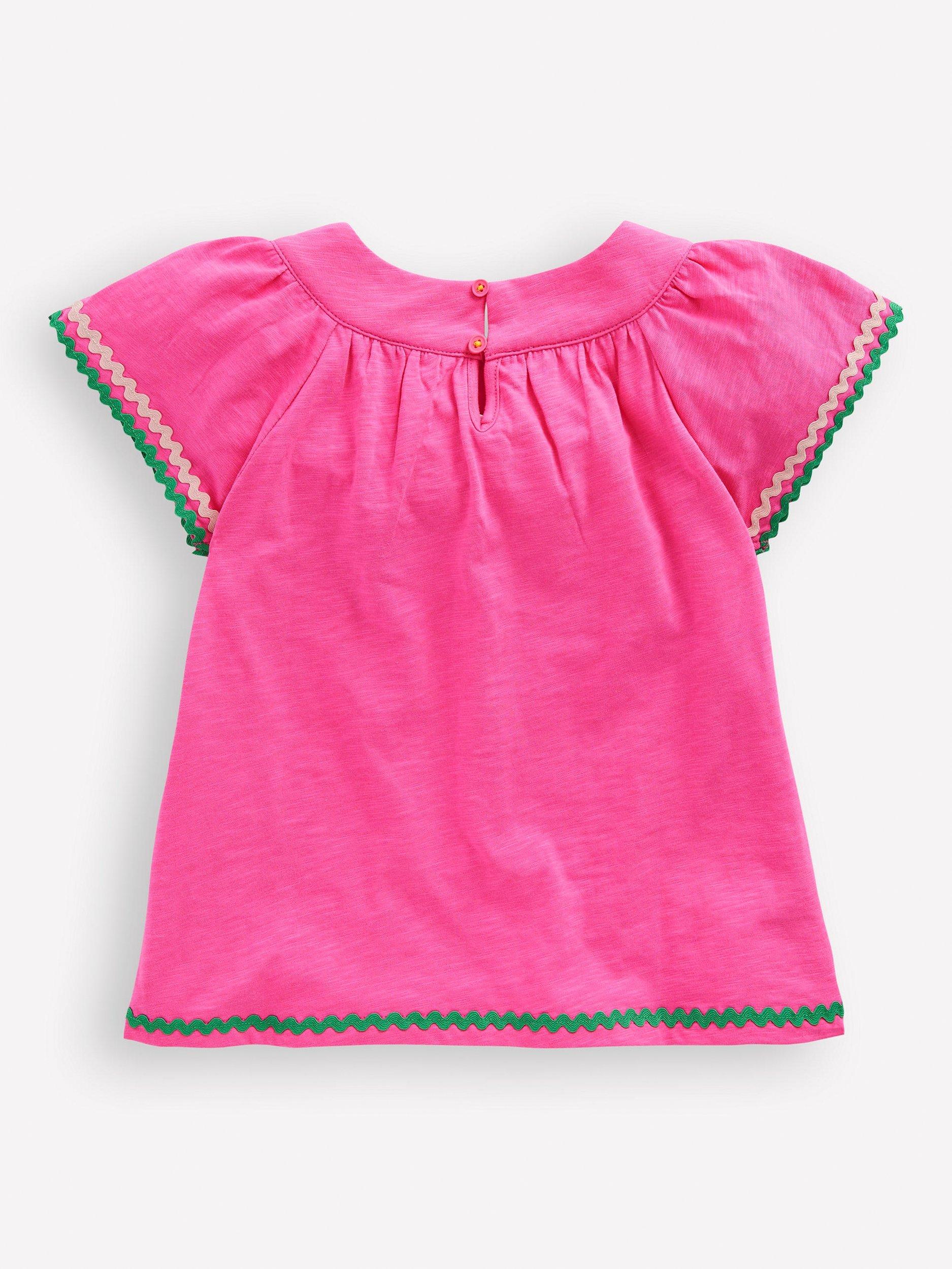 Product image 2 of 3, which shows Mini Boden Kids' Trim Detail Pretty Top, Sorbet Pink, 2-3 years
