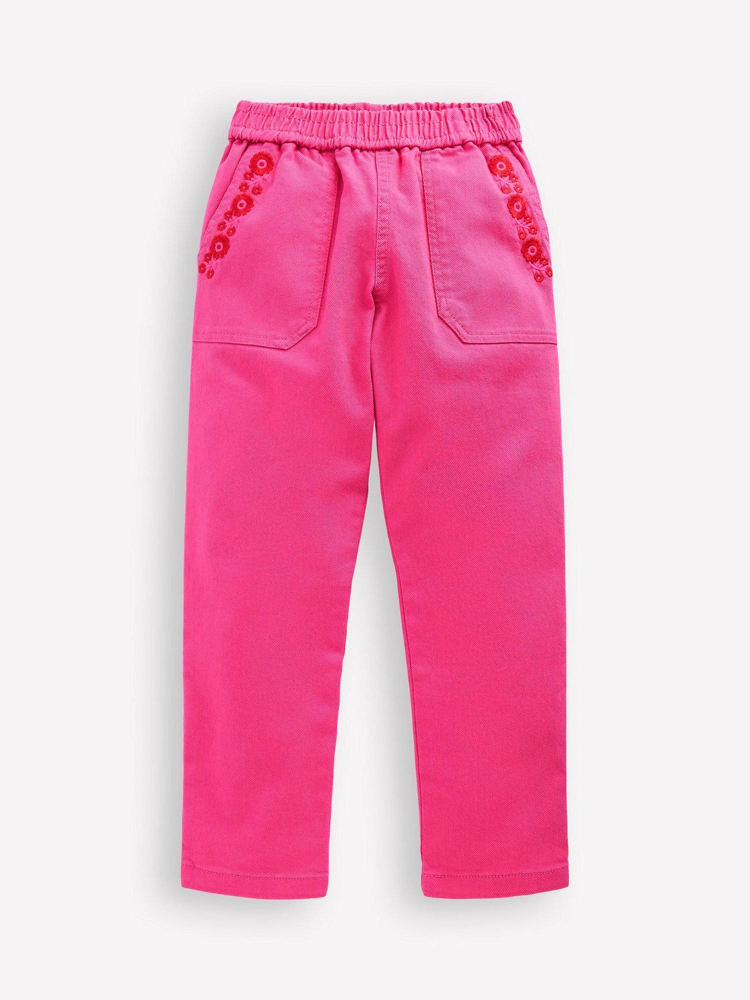 Product image 1 of 3, which shows Mini Boden Kids' Cotton Floral Pull-On Trousers, Pink Embroidered, 2-3 years