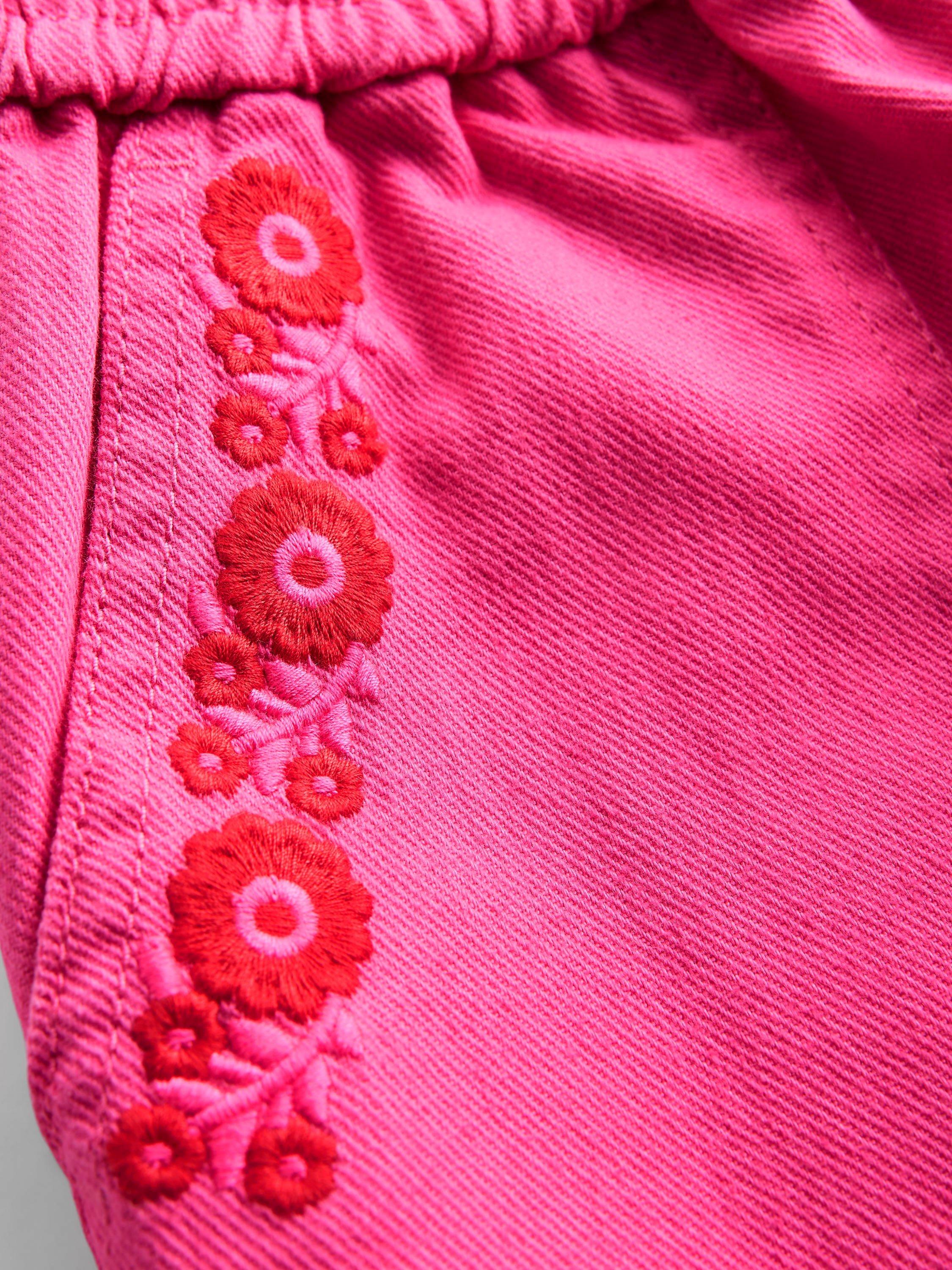 Product image 3 of 3, which shows Mini Boden Kids' Cotton Floral Pull-On Trousers, Pink Embroidered, 2-3 years