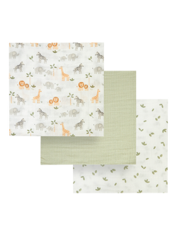 JoJo Maman Bébé Safari Muslin Cloths, Pack of 3, Green, Green