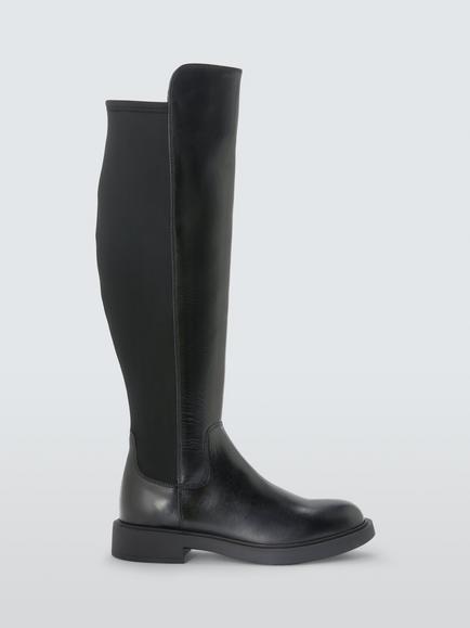 John Lewis Taia Leather Stretch Over the Knee Flat Boots, Black, Black