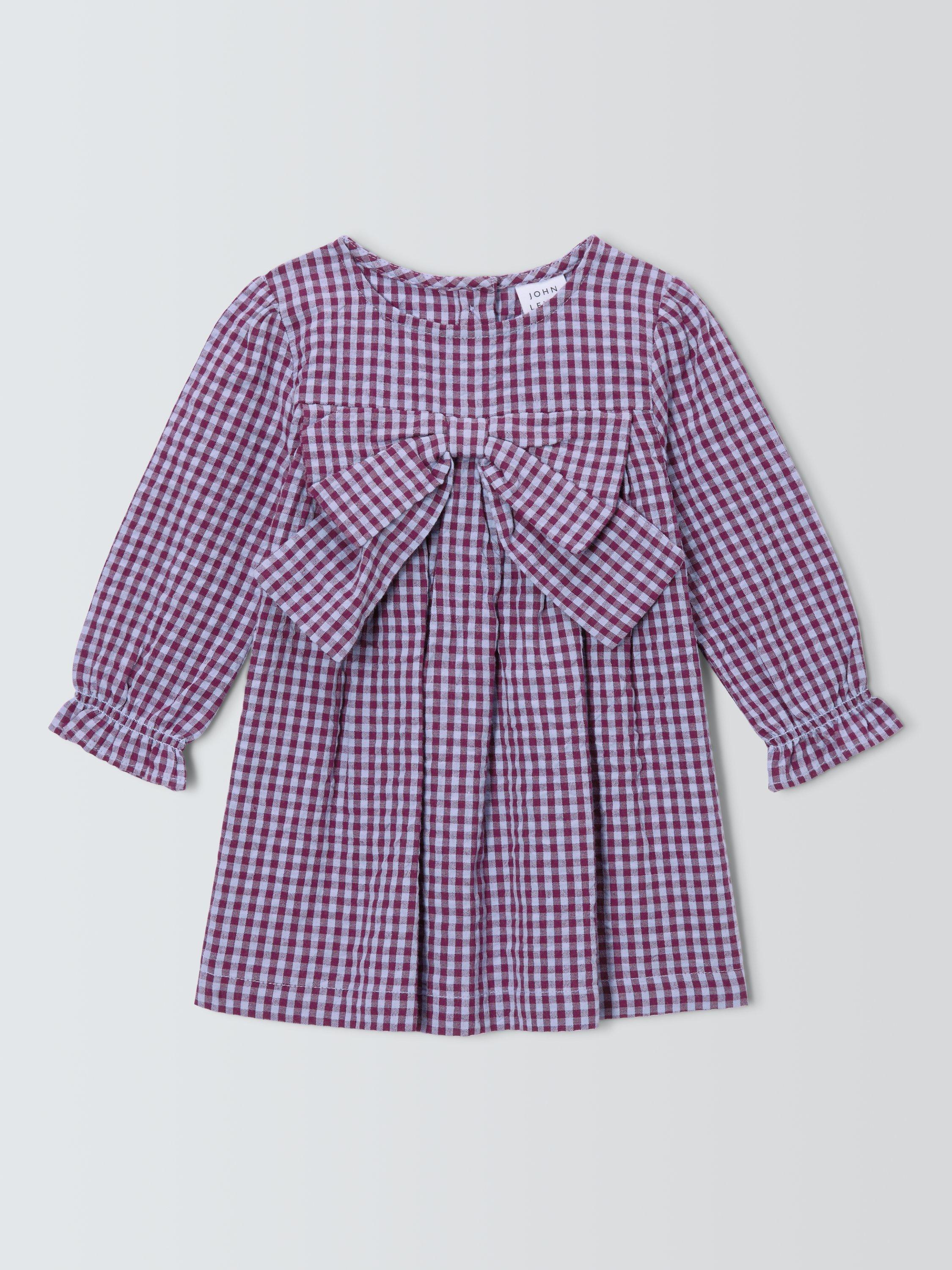 John Lewis Baby Check Bow Dress, Purple