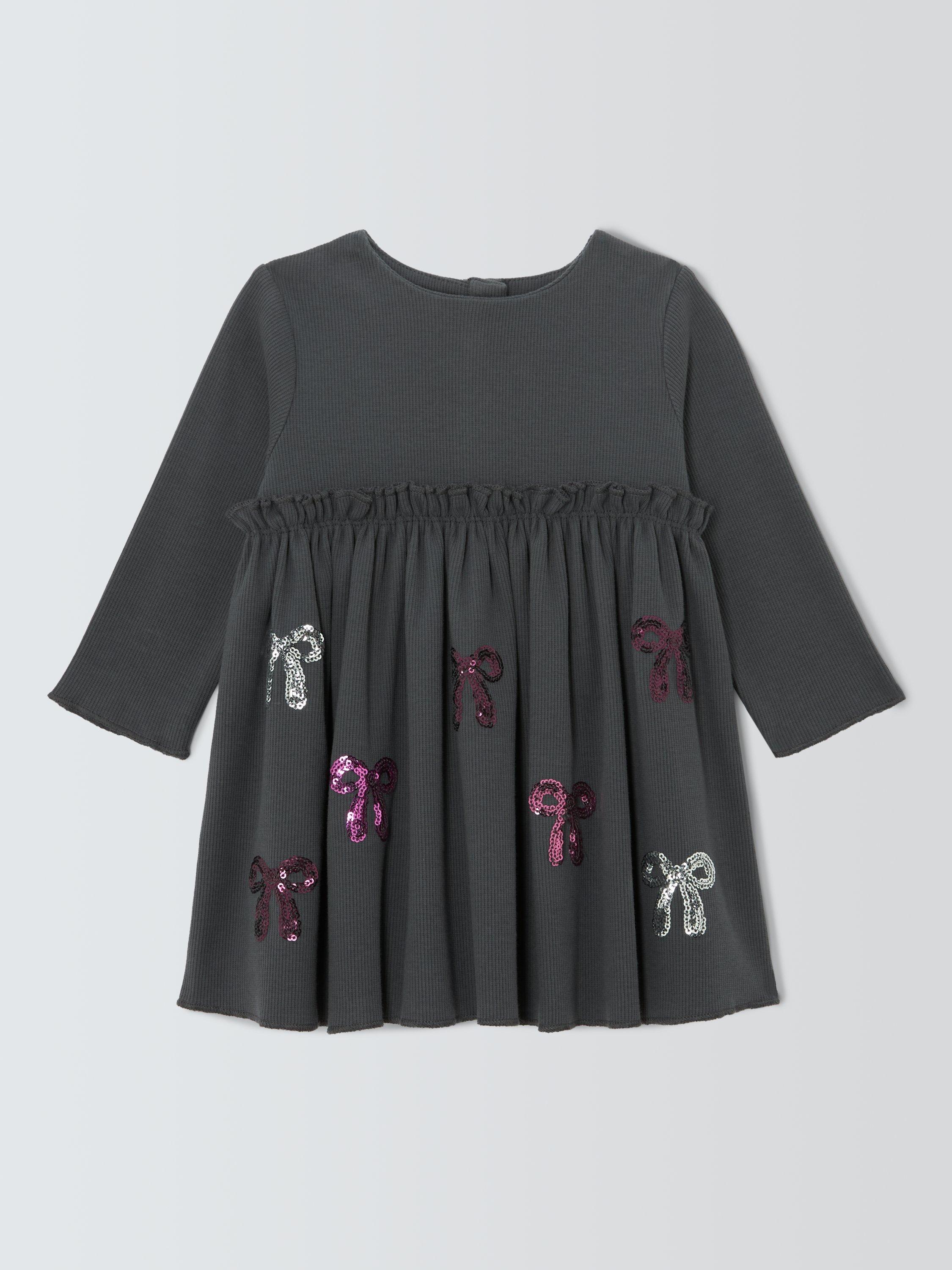 Product image 1 of 3, which shows John Lewis Baby Sequin Bow Dress, Grey, 0-3 months