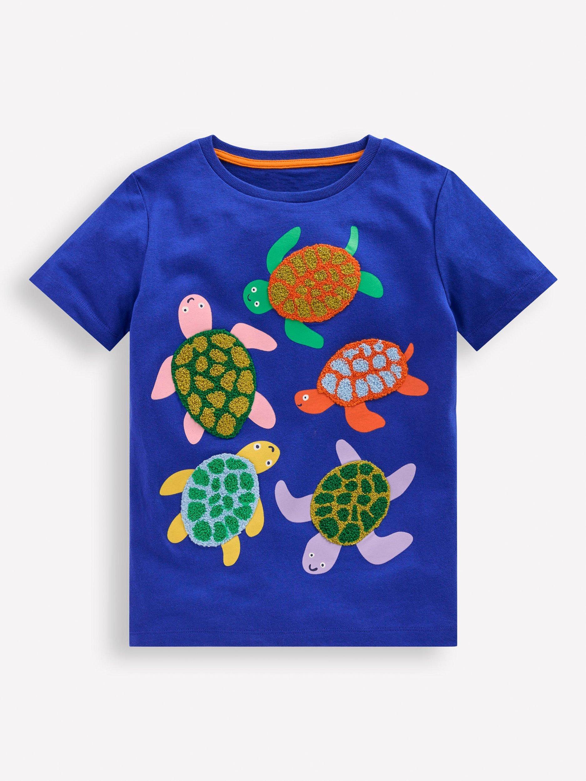 Mini Boden Kids' Boucle T-Shirt, Bright Blue Turtles