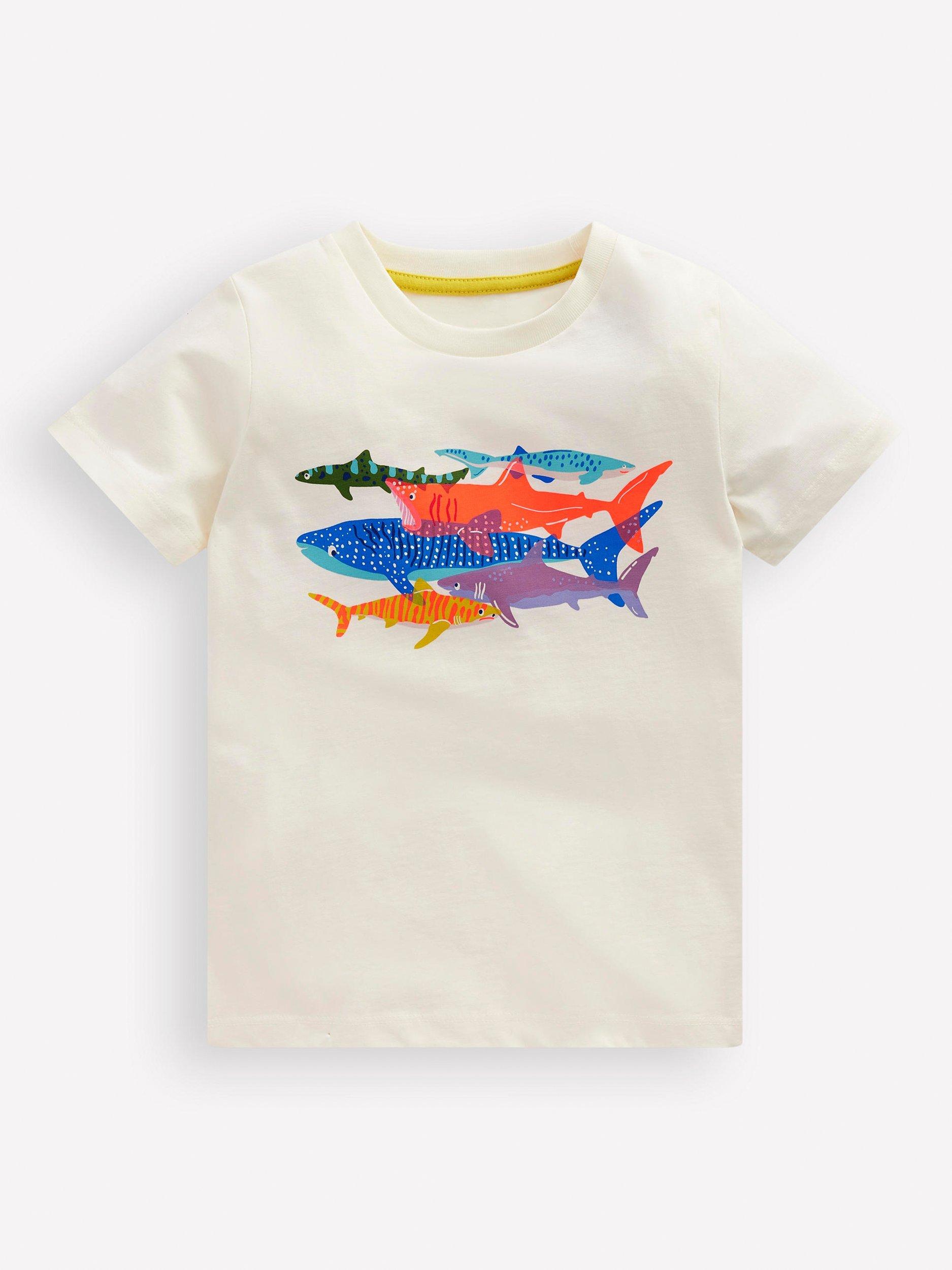 Mini Boden Kids' Riso Cotton Graphic T- Shirt, Soft Ivory Sharks