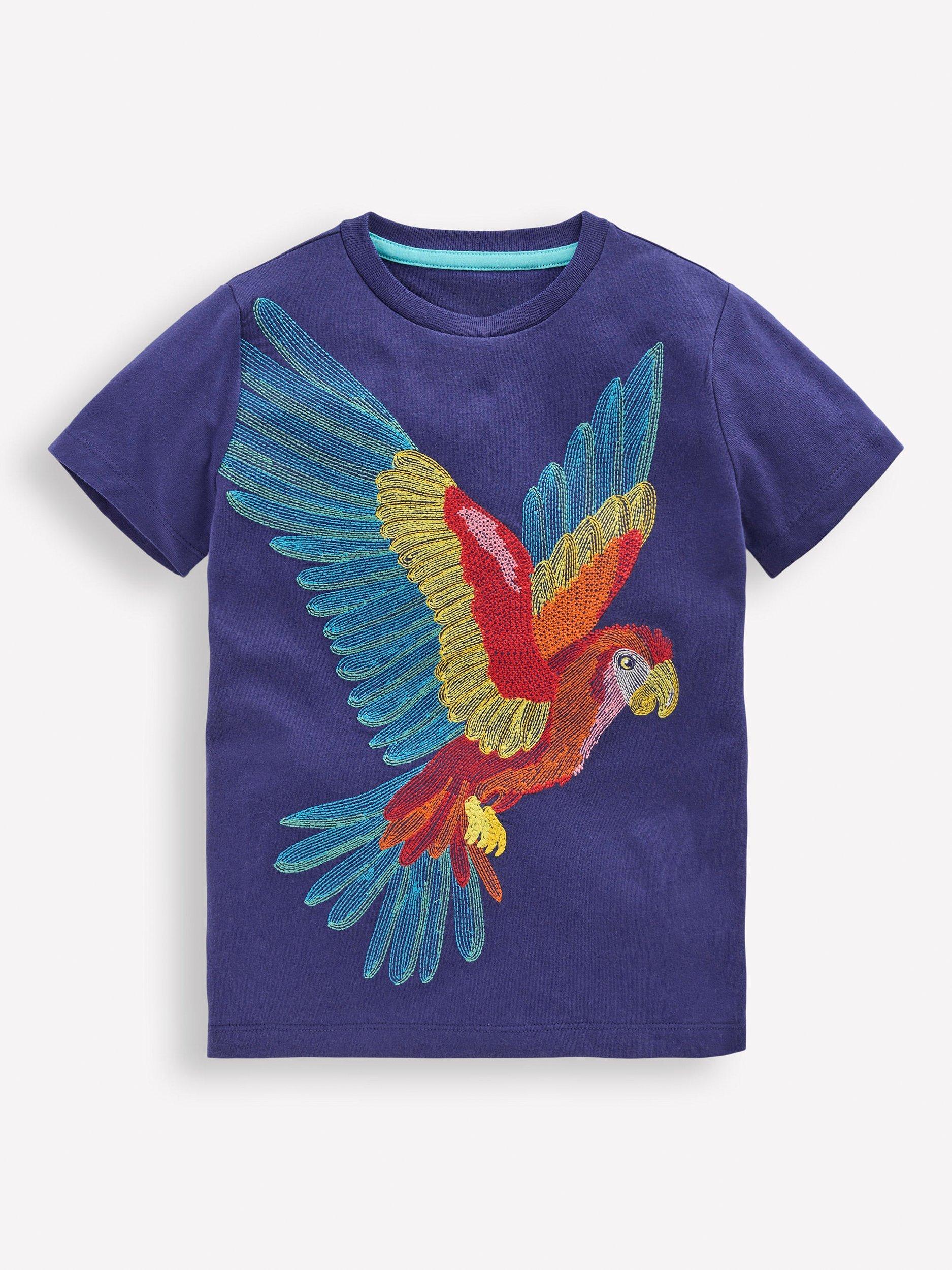 Mini Boden Kids' Cotton Superstitch T-Shirt, Blue Parrot