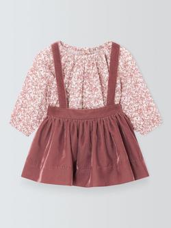 John Lewis Heirloom Collection Baby Velvet Pinafore Skirt & Long Sleeve Top Set, Rose Brown, Rose Brown