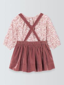 John Lewis Heirloom Collection Baby Velvet Pinafore Skirt & Long Sleeve Top Set, Rose Brown - view 2, Rose Brown