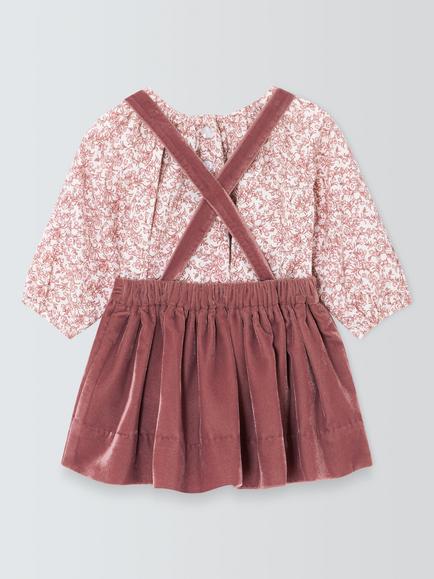 John Lewis Heirloom Collection Baby Velvet Pinafore Skirt & Long Sleeve Top Set, Rose Brown - view 2, Rose Brown