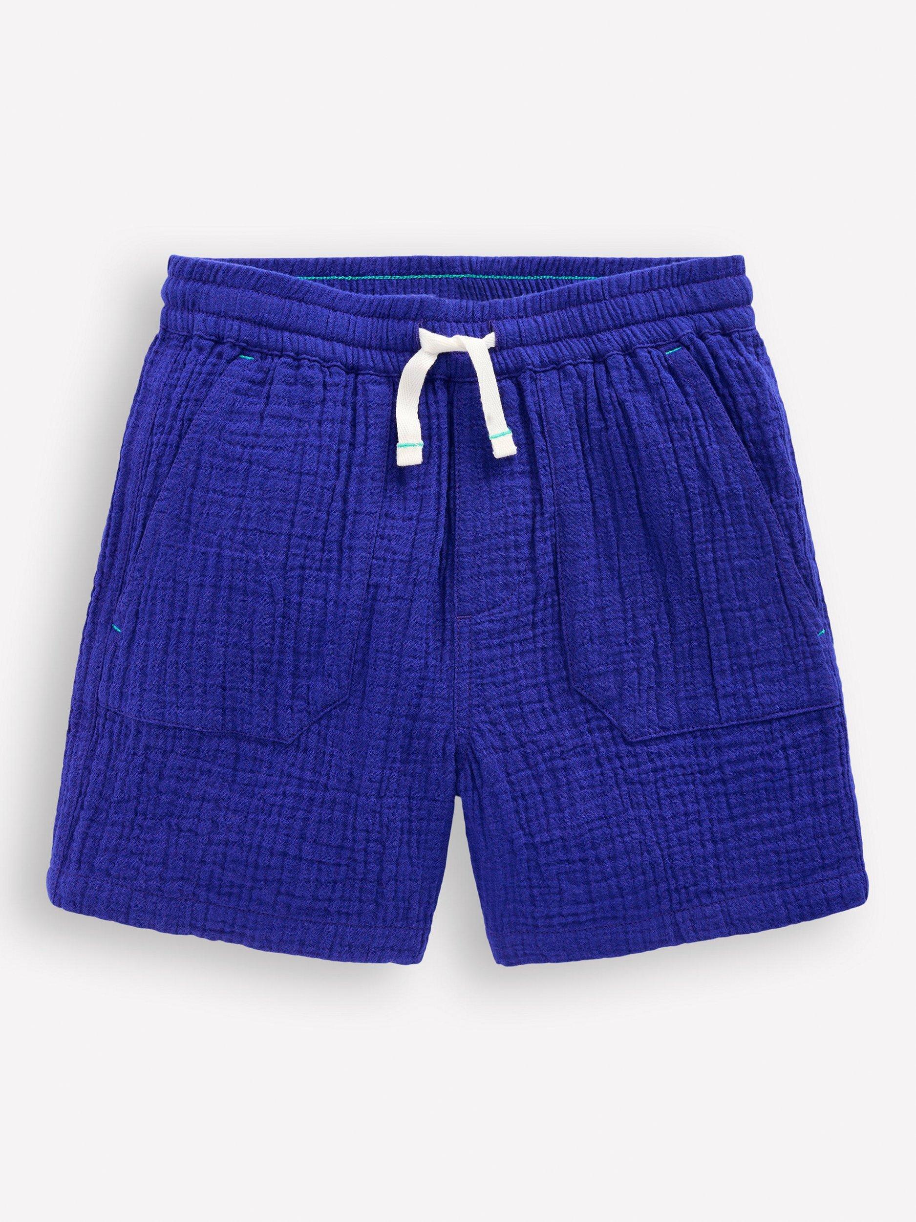 Product image 1 of 3, which shows Mini Boden Kids' Double Cloth Shorts, Bright Blue, 6-7 years
