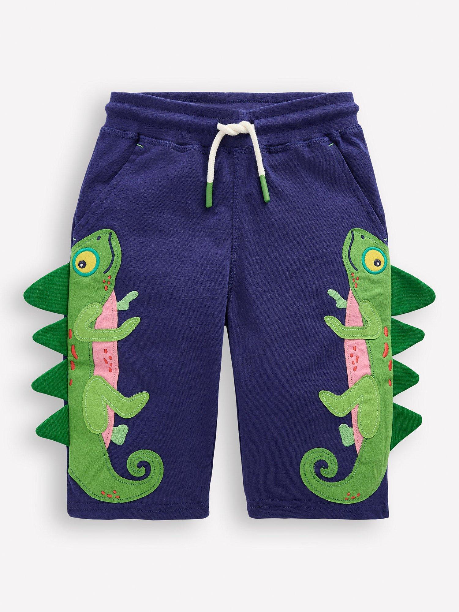 Mini Boden Kids' Cotton Jersey Applique Long Shorts, College Navy Iguana